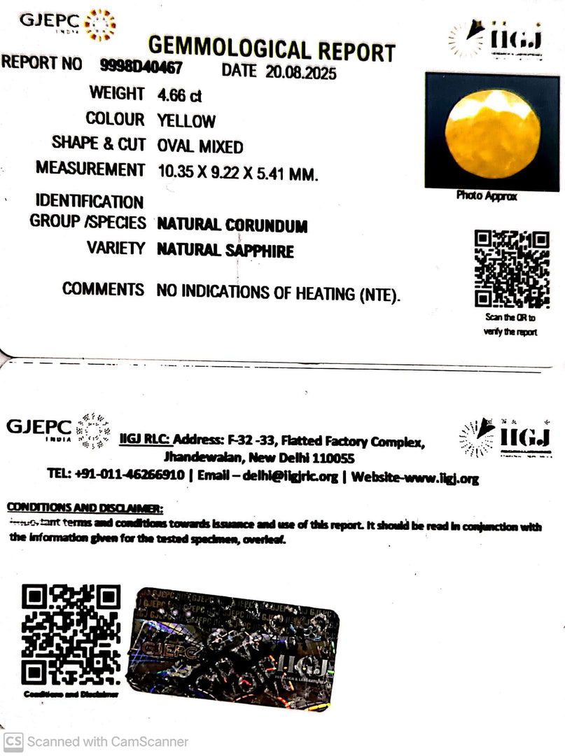 4.66/CT Natural Yellow Sapphire With Govt Lab Certificate (4551)