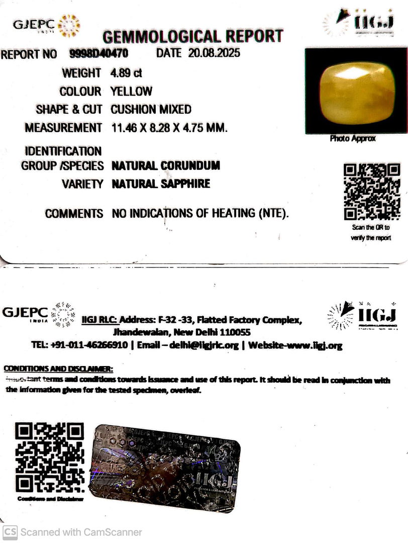 4.89/CT Natural Yellow Sapphire With Govt Lab Certificate (4551)