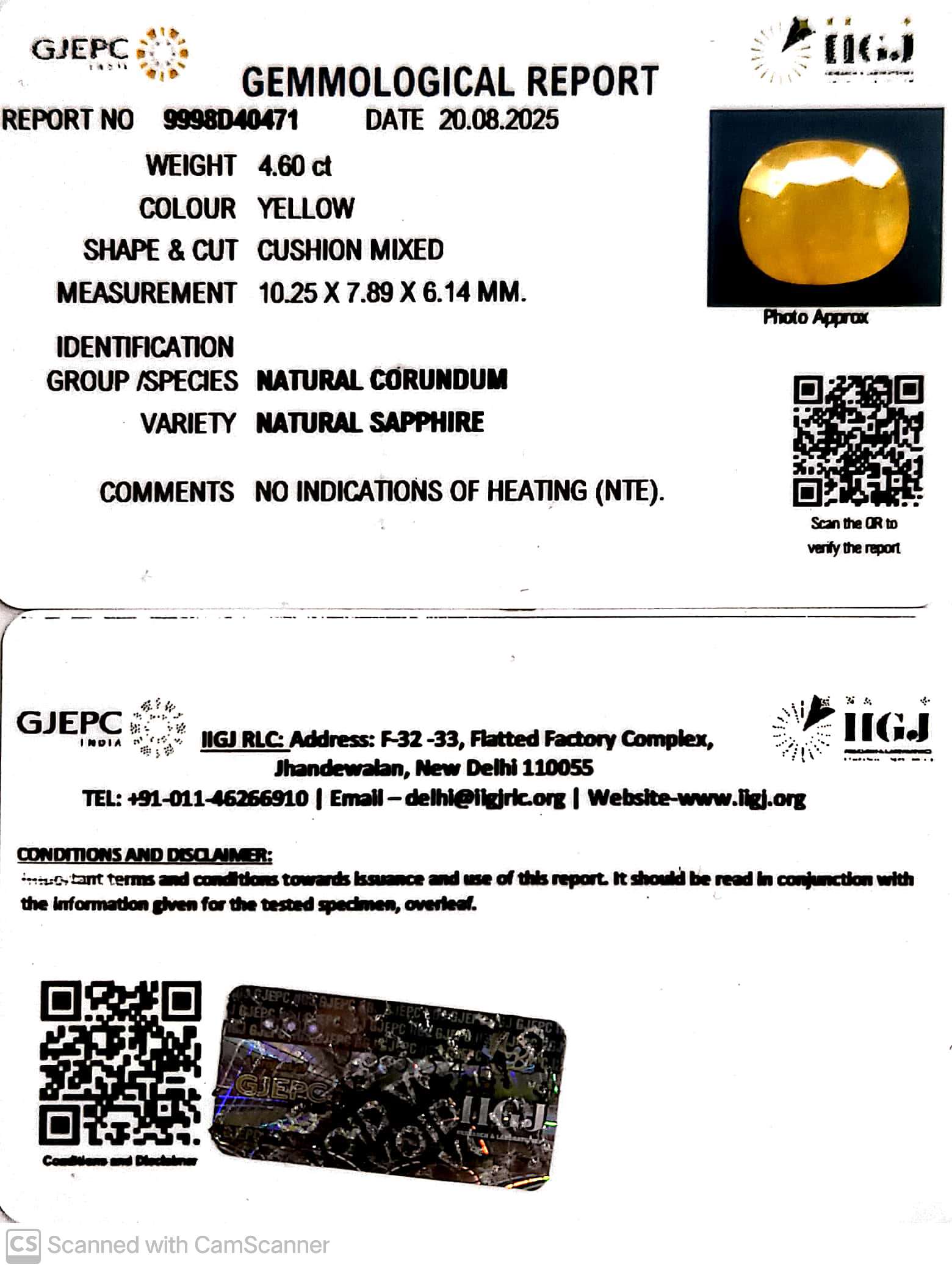 4.60/CT Natural Yellow Sapphire With Govt Lab Certificate (6771)