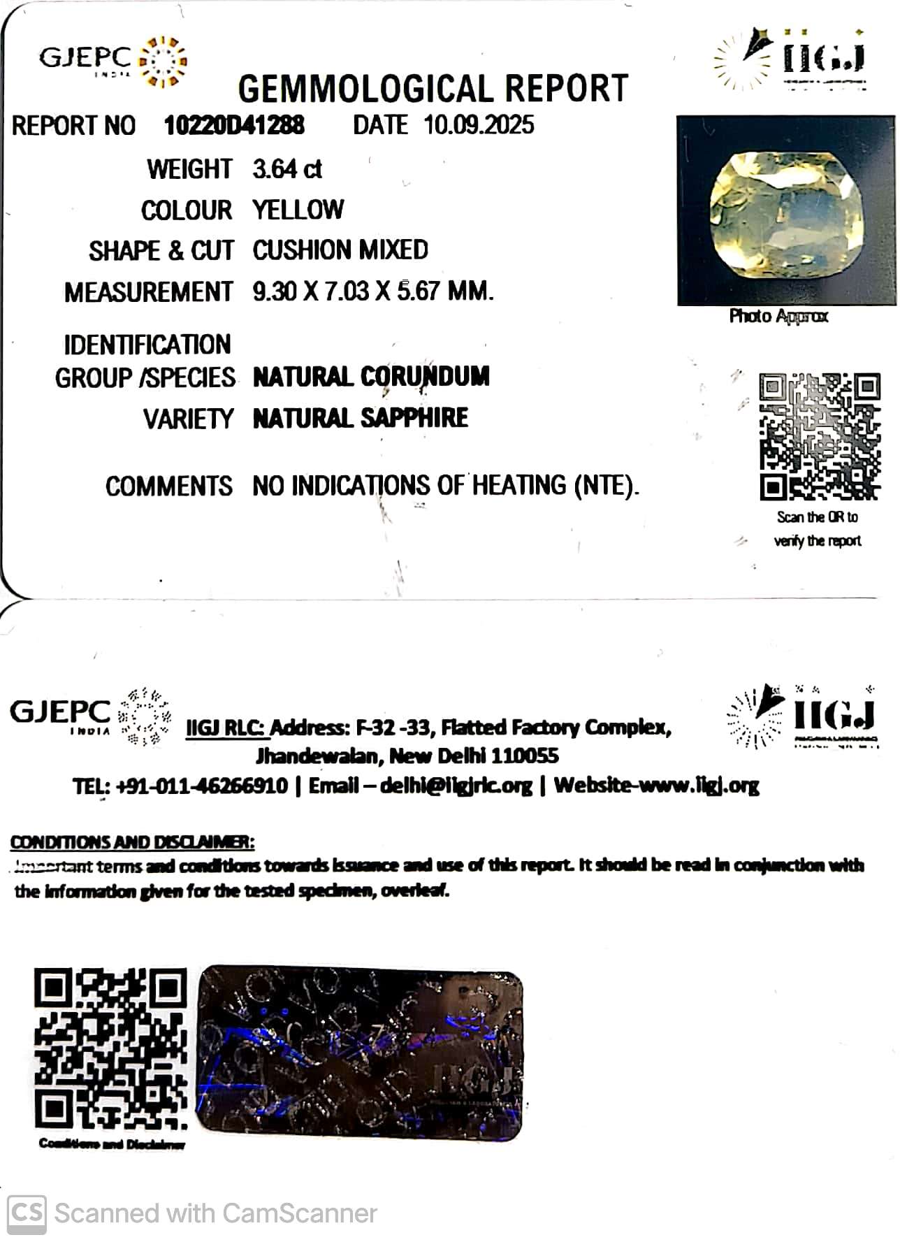 3.64/CT Natural Yellow Sapphire With Govt Lab Certificate (34410)