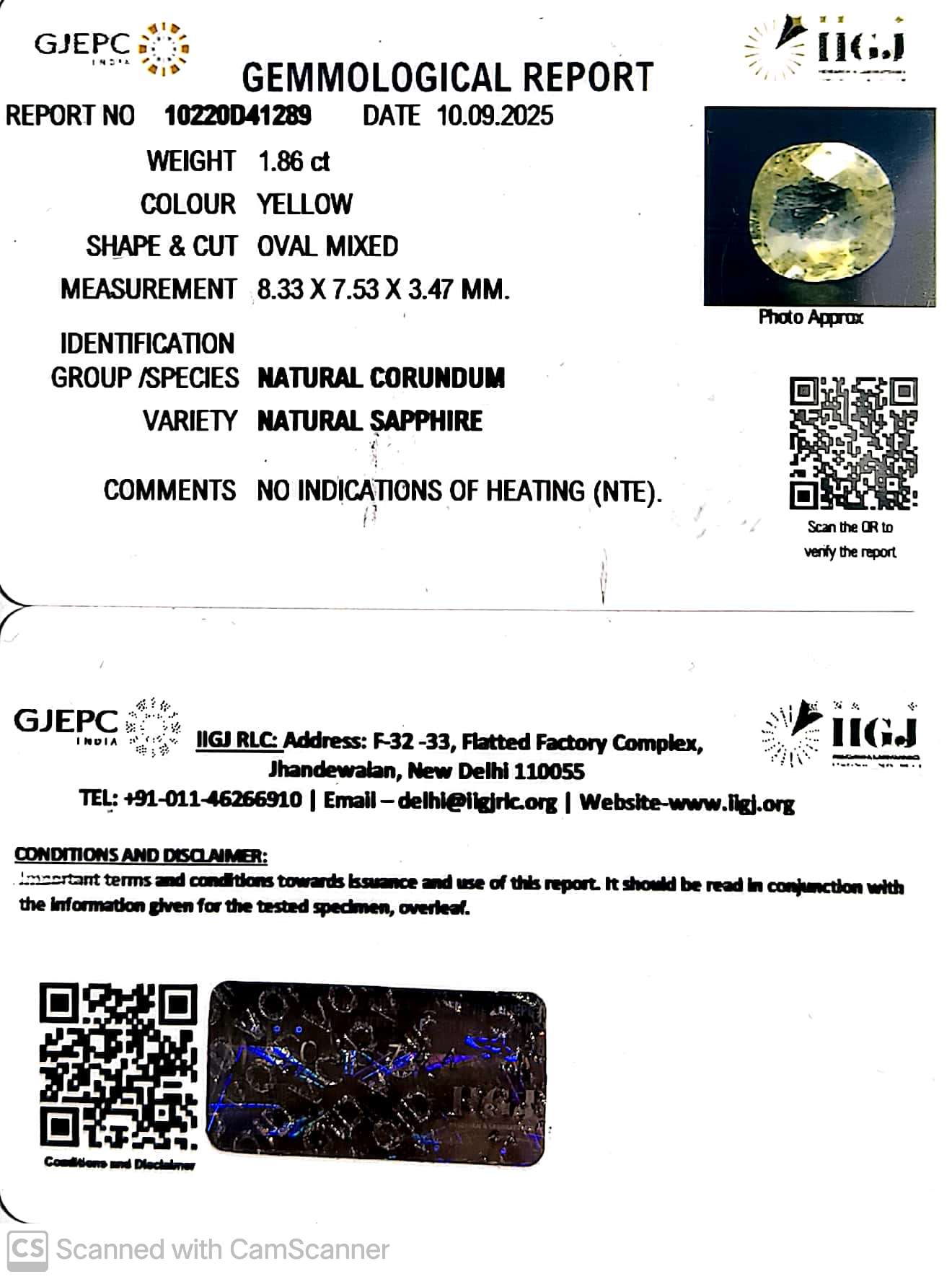 1.86/CT Natural Yellow Sapphire With Govt Lab Certificate (23310)