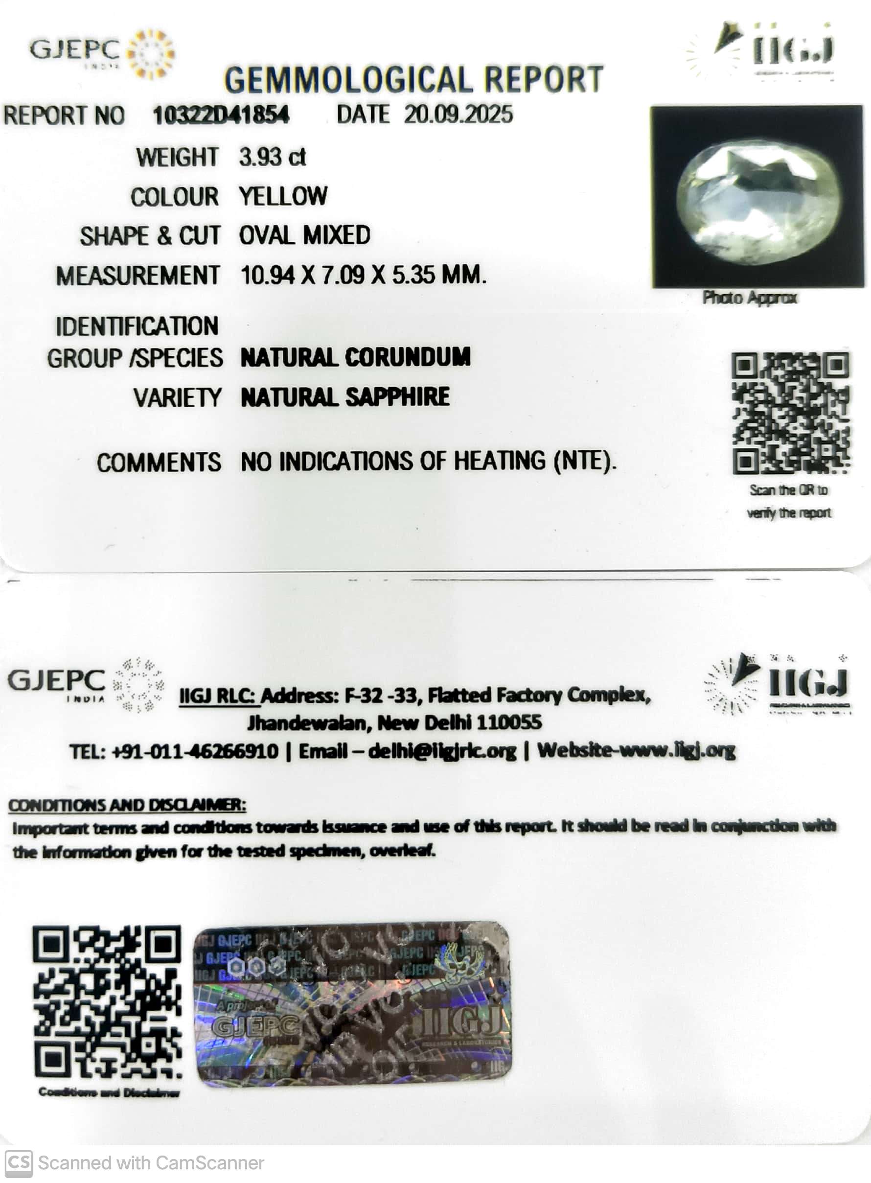 3.93/CT Natural Yellow Sapphire With Govt Lab Certificate (23310)