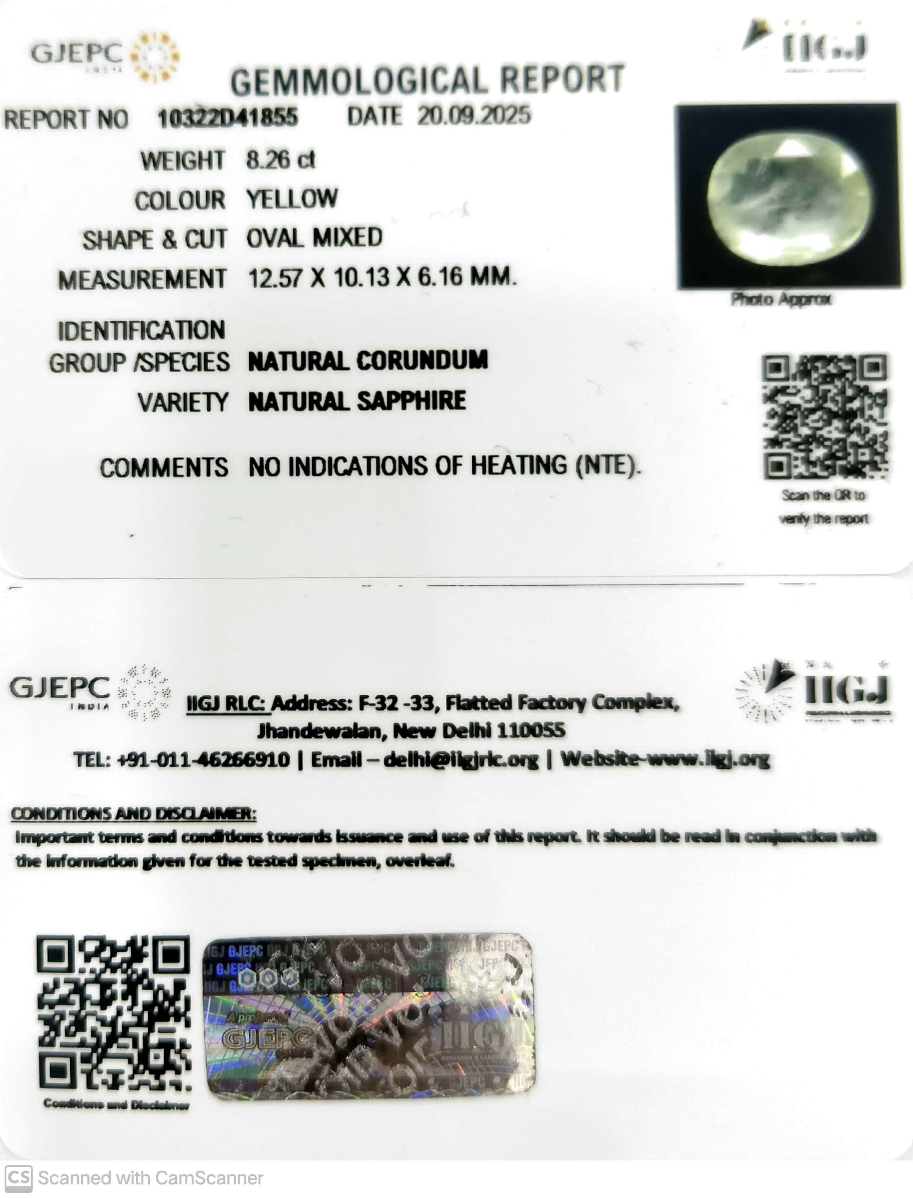 8.26/CT Natural Yellow Sapphire With Govt Lab Certificate (12210)
