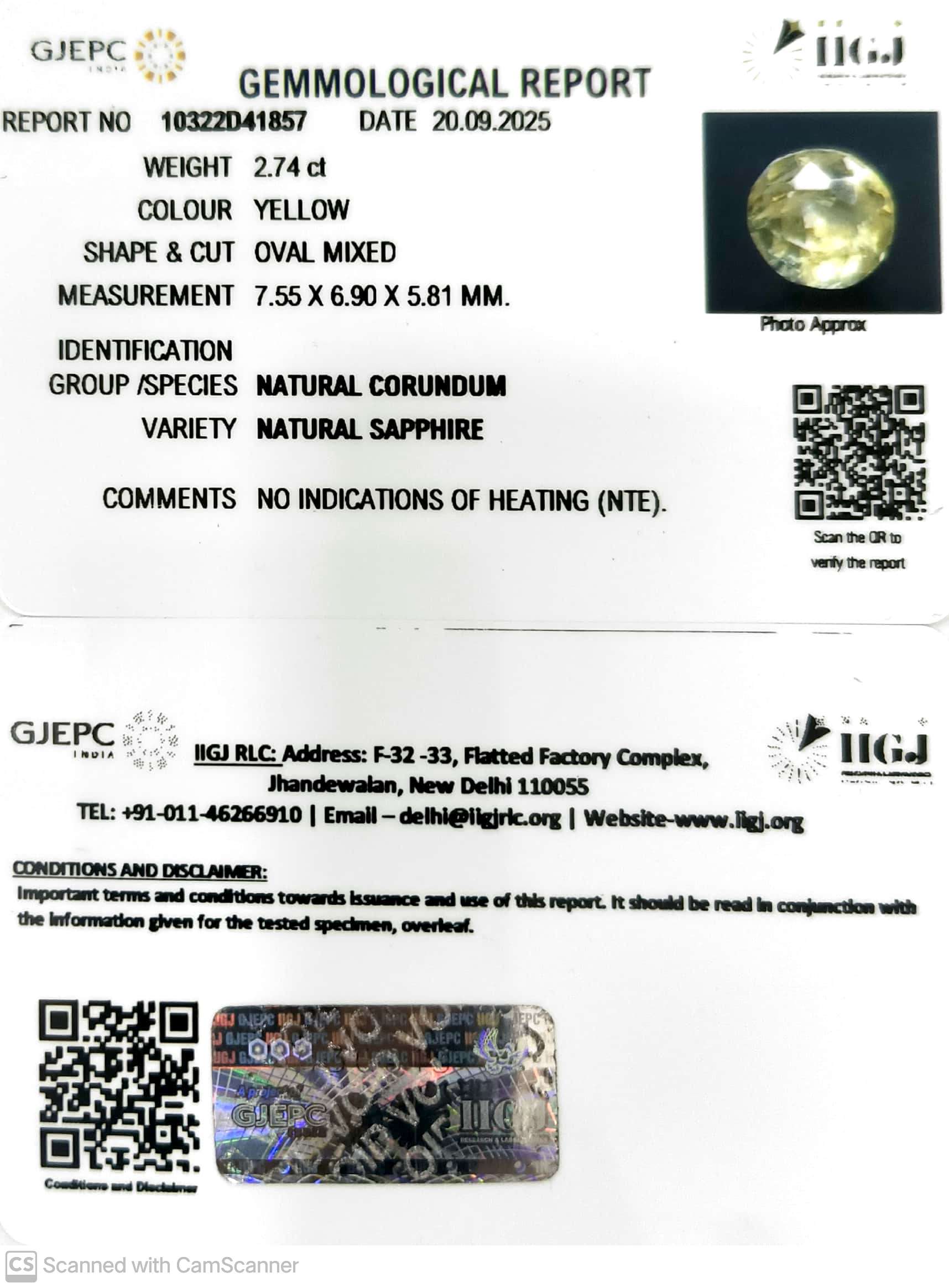 2.74/CT Natural Yellow Sapphire With Govt Lab Certificate (23310)