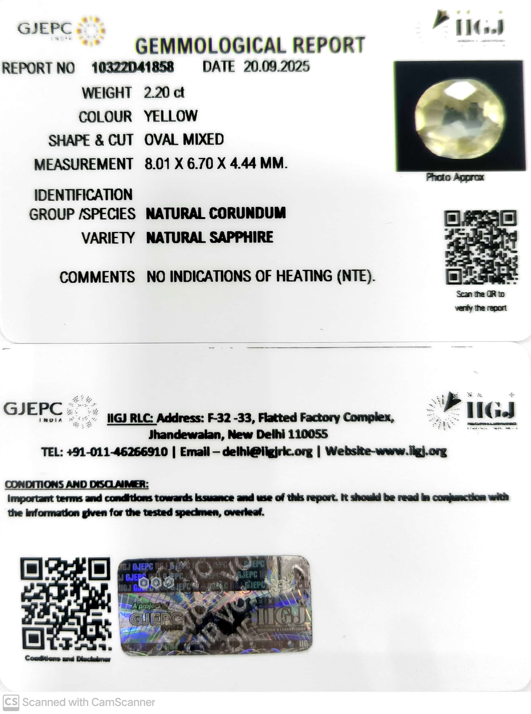 2.20/CT Natural Yellow Sapphire With Govt Lab Certificate (12210)