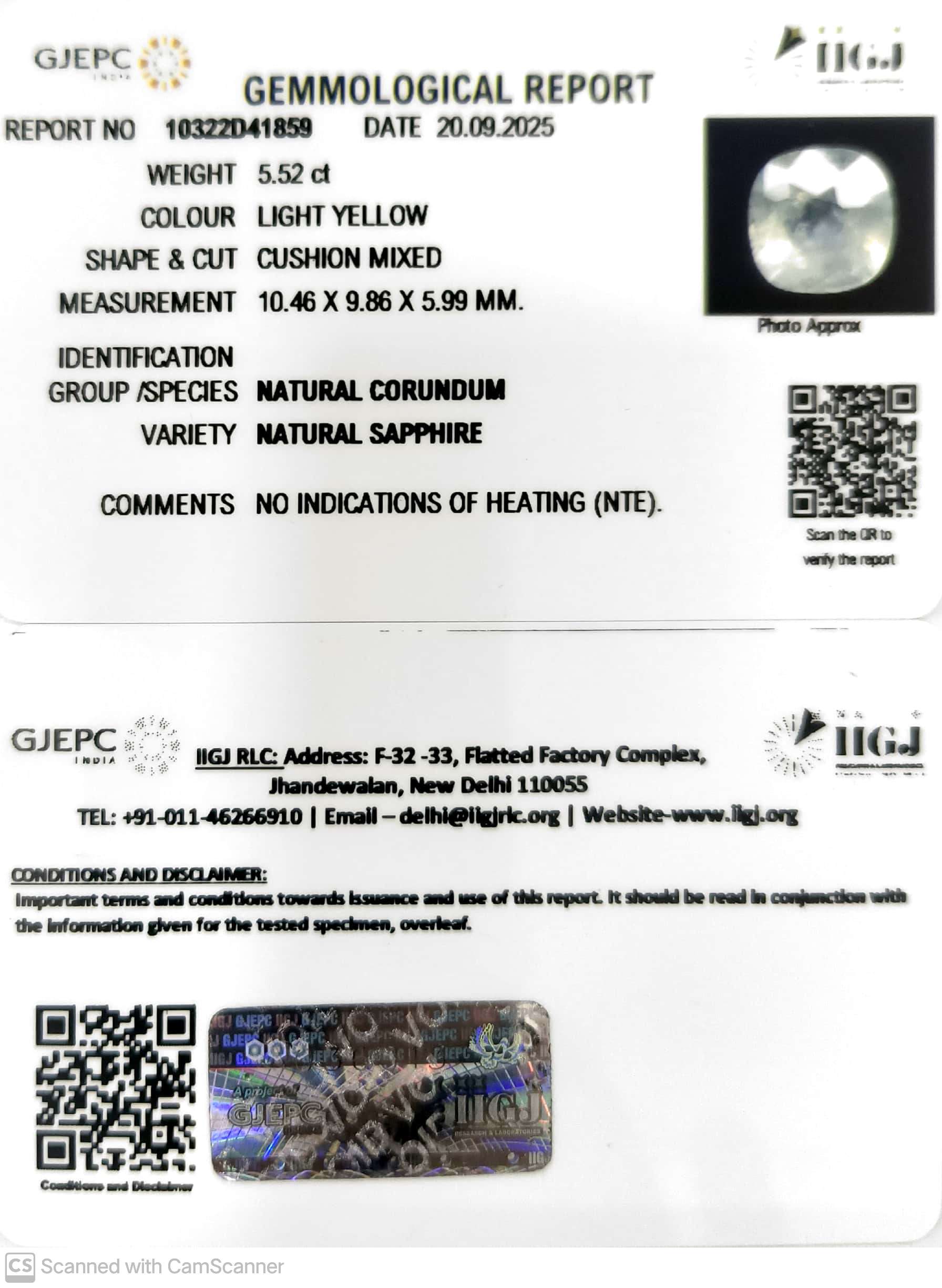 5.52/CT Natural Yellow Sapphire With Govt Lab Certificate (16650)