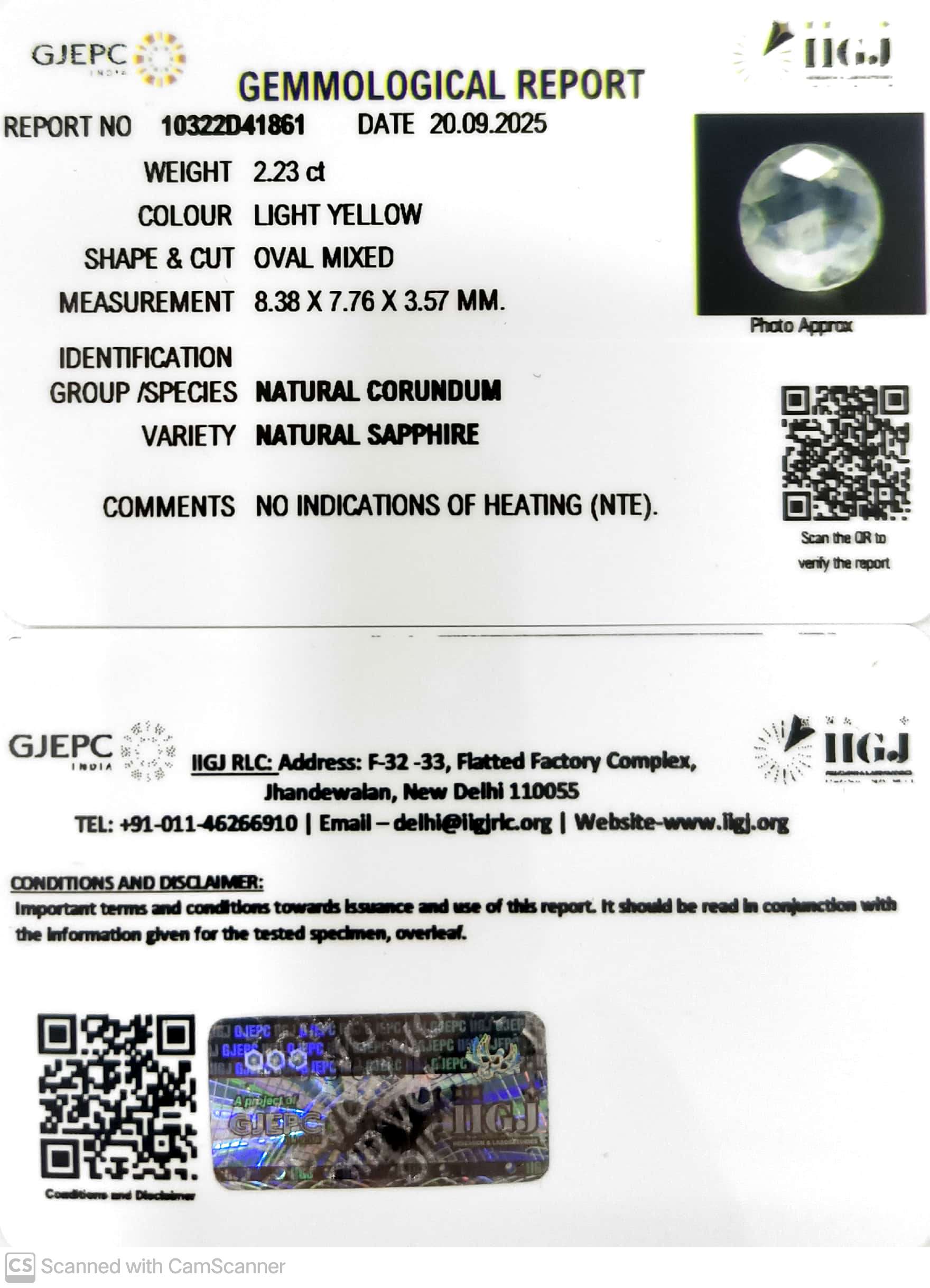 2.23/CT Natural Yellow Sapphire With Govt Lab Certificate (12210)