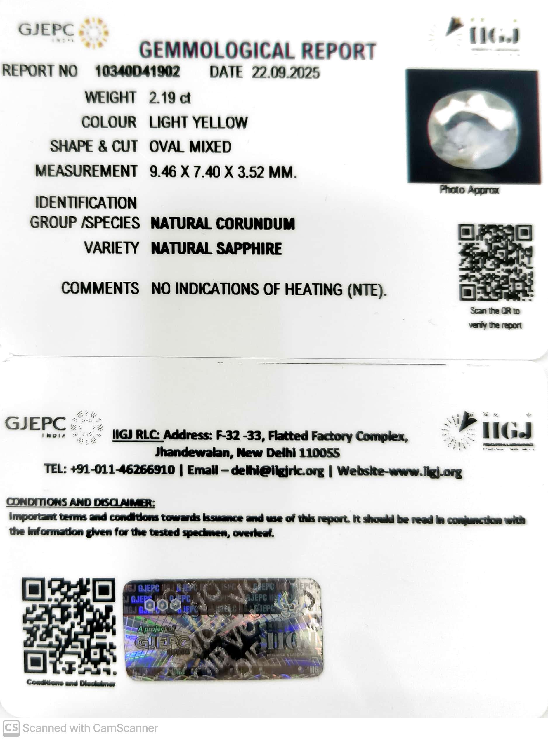 2.19/CT Natural Yellow Sapphire With Govt Lab Certificate (12210)