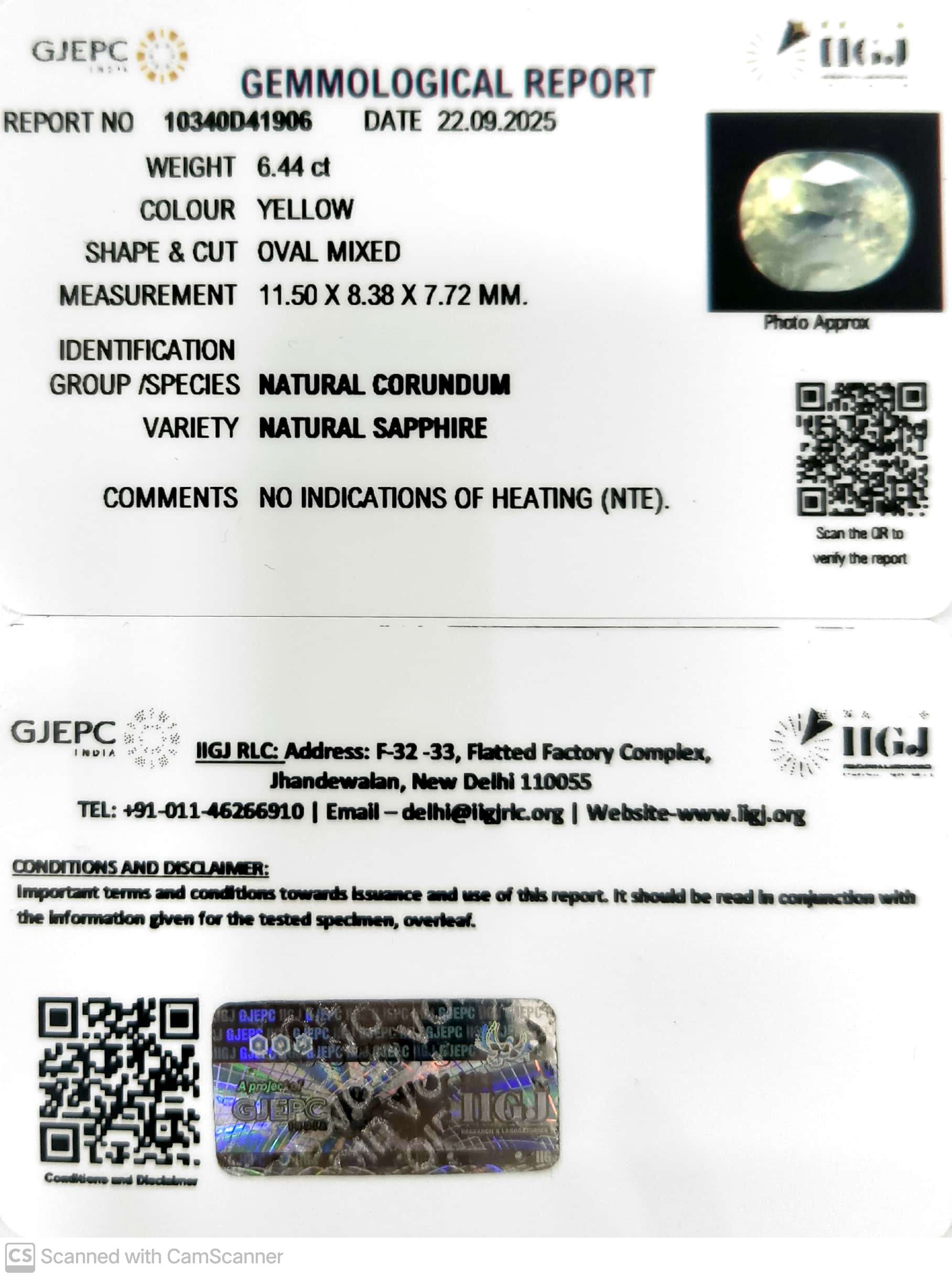 6.44/CT Natural Yellow Sapphire With Govt Lab Certificate (16650)