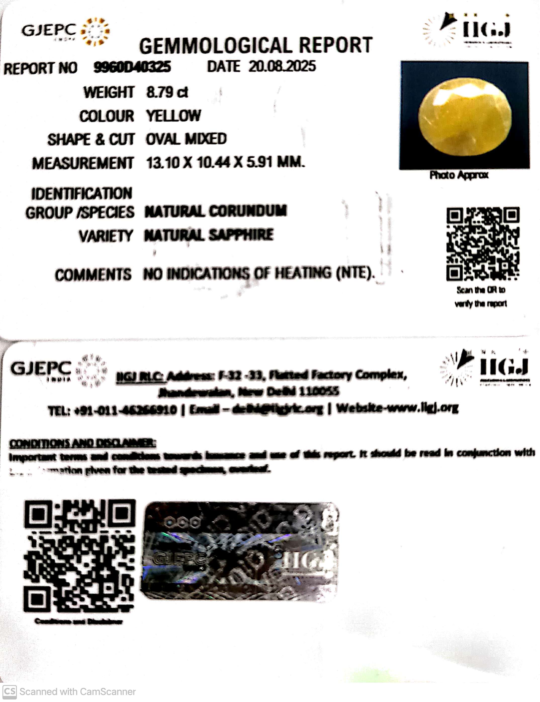 8.79/CT Natural Yellow Sapphire With Govt Lab Certificate (1221)