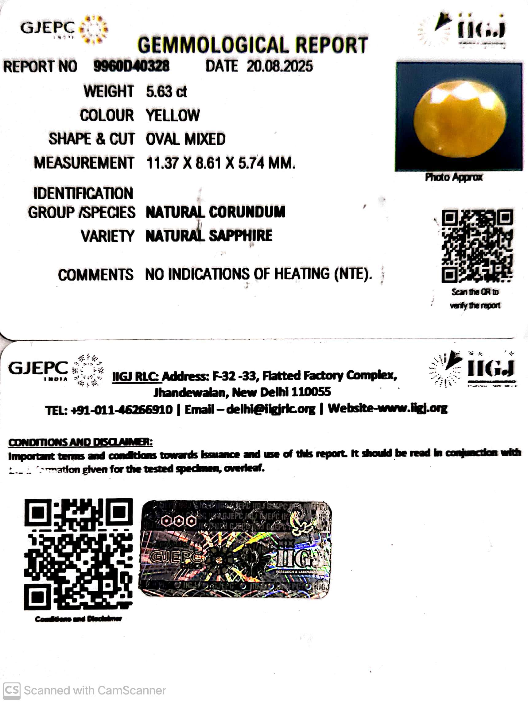 5.63/CT Natural Yellow Sapphire With Govt Lab Certificate (1221)
