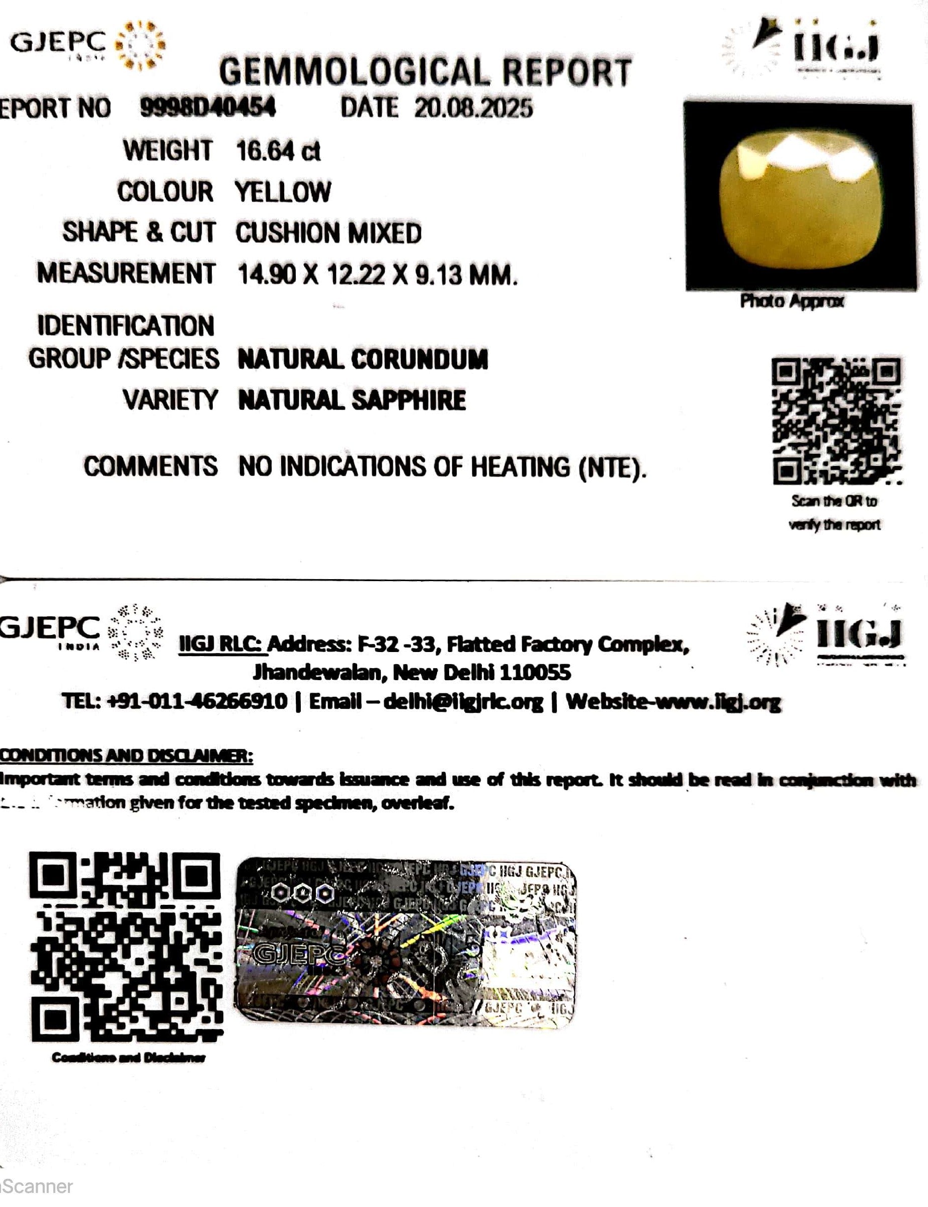 16.64/CT Natural Yellow Sapphire With Govt Lab Certificate (4551)