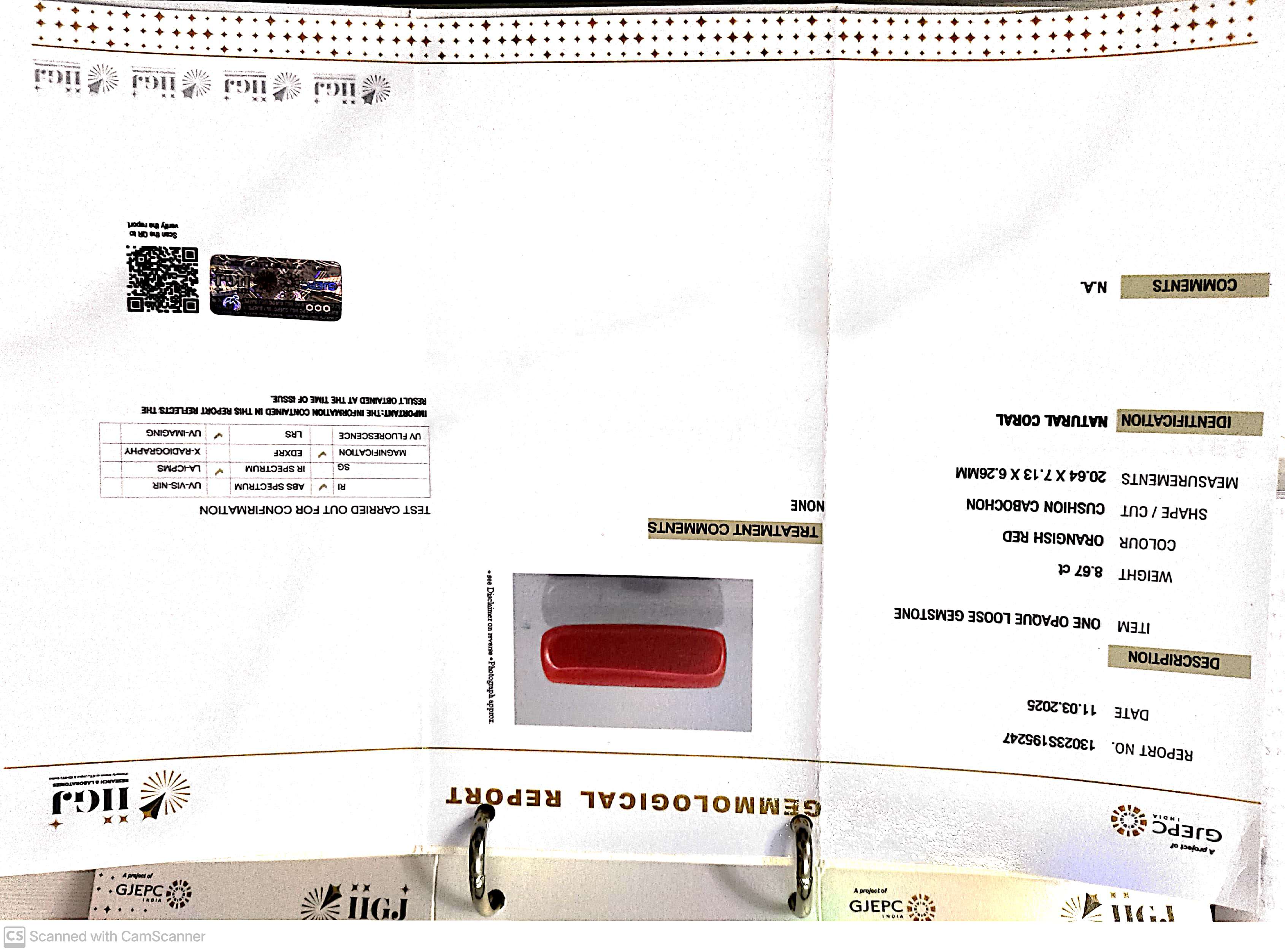 9.62 Ratti Natural Red Coral With Govt. Lab Certificate