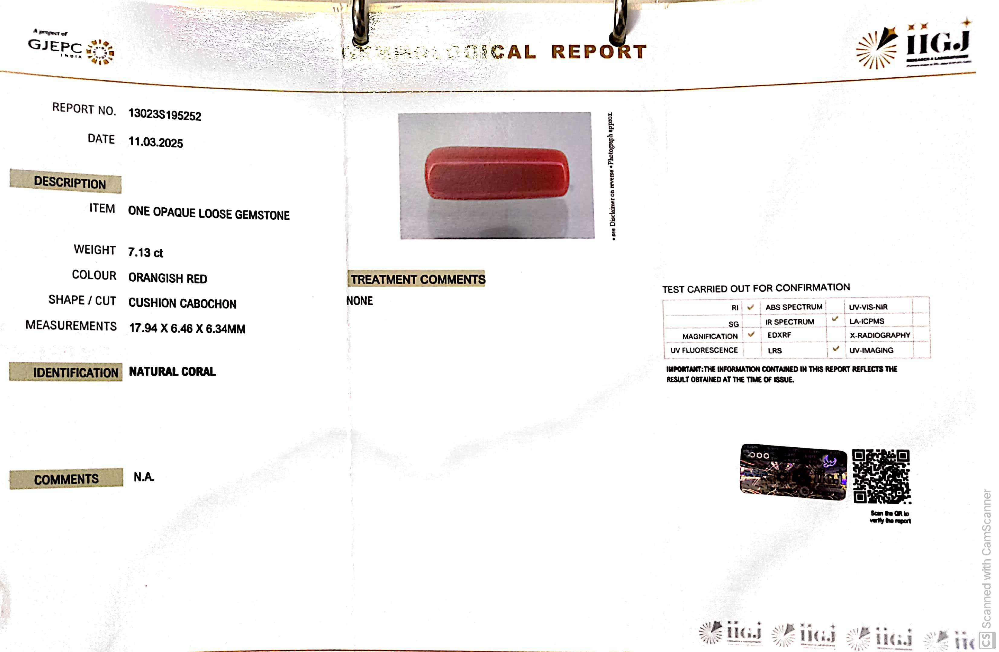 7.13/CT Natural Red Coral With Govt. Lab Certificate