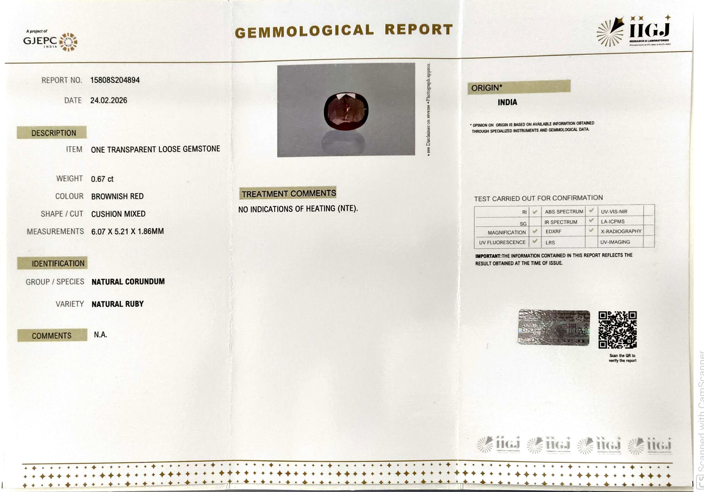 0.67/CT Natural Ruby Stone with Govt. Lab Certificate-15808S204894