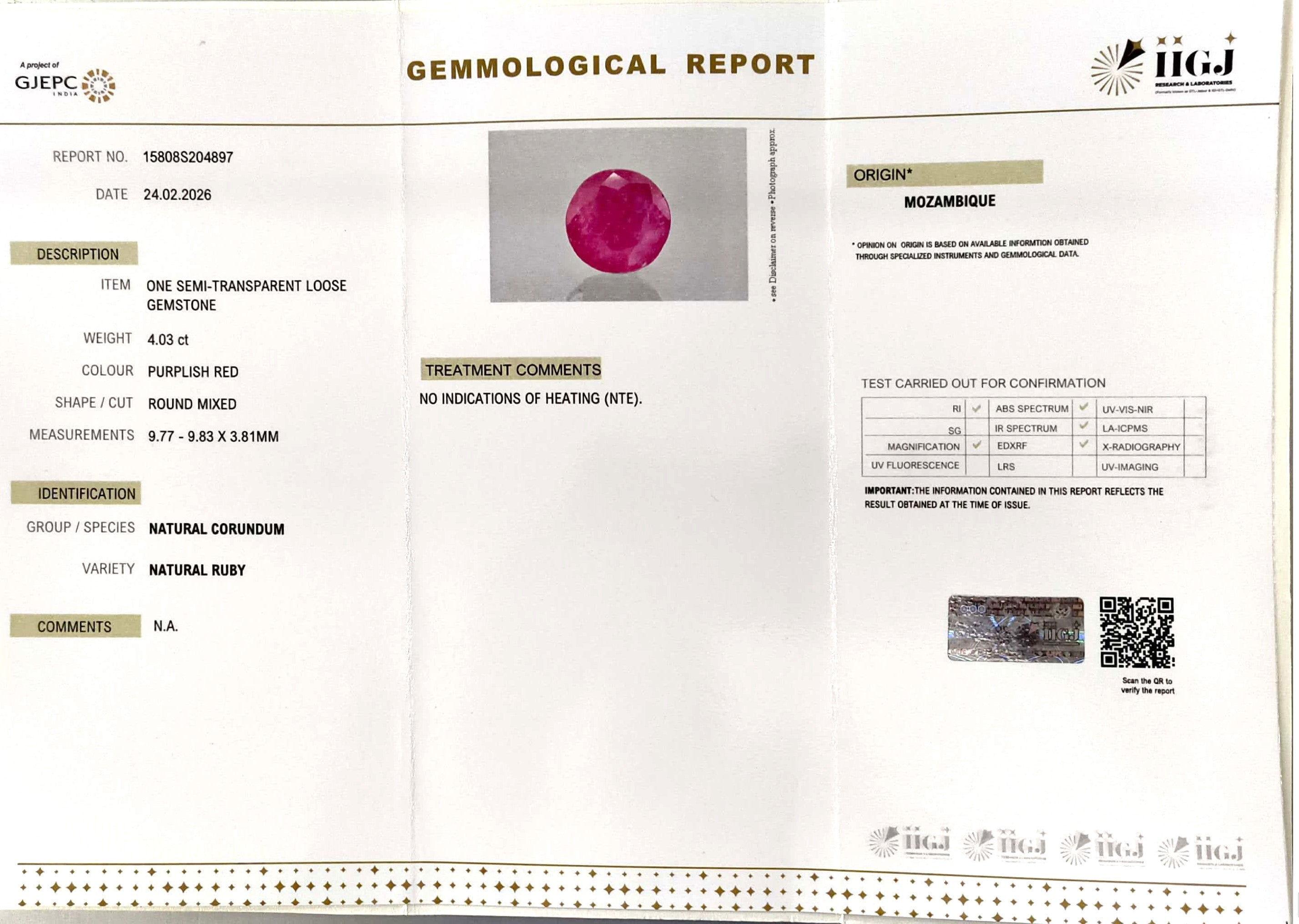 4.03/CT Natural Ruby Stone with Govt. Lab Certificate-15808S204897