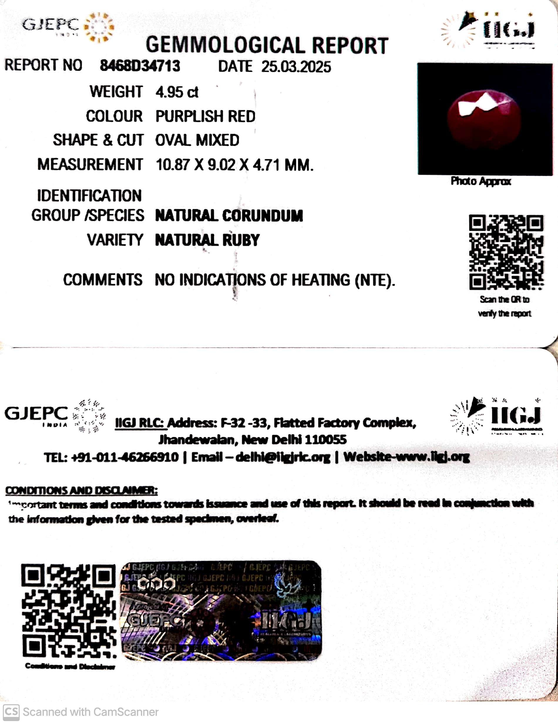 4.95/CT Natural Ruby with Govt. Lab Certificate