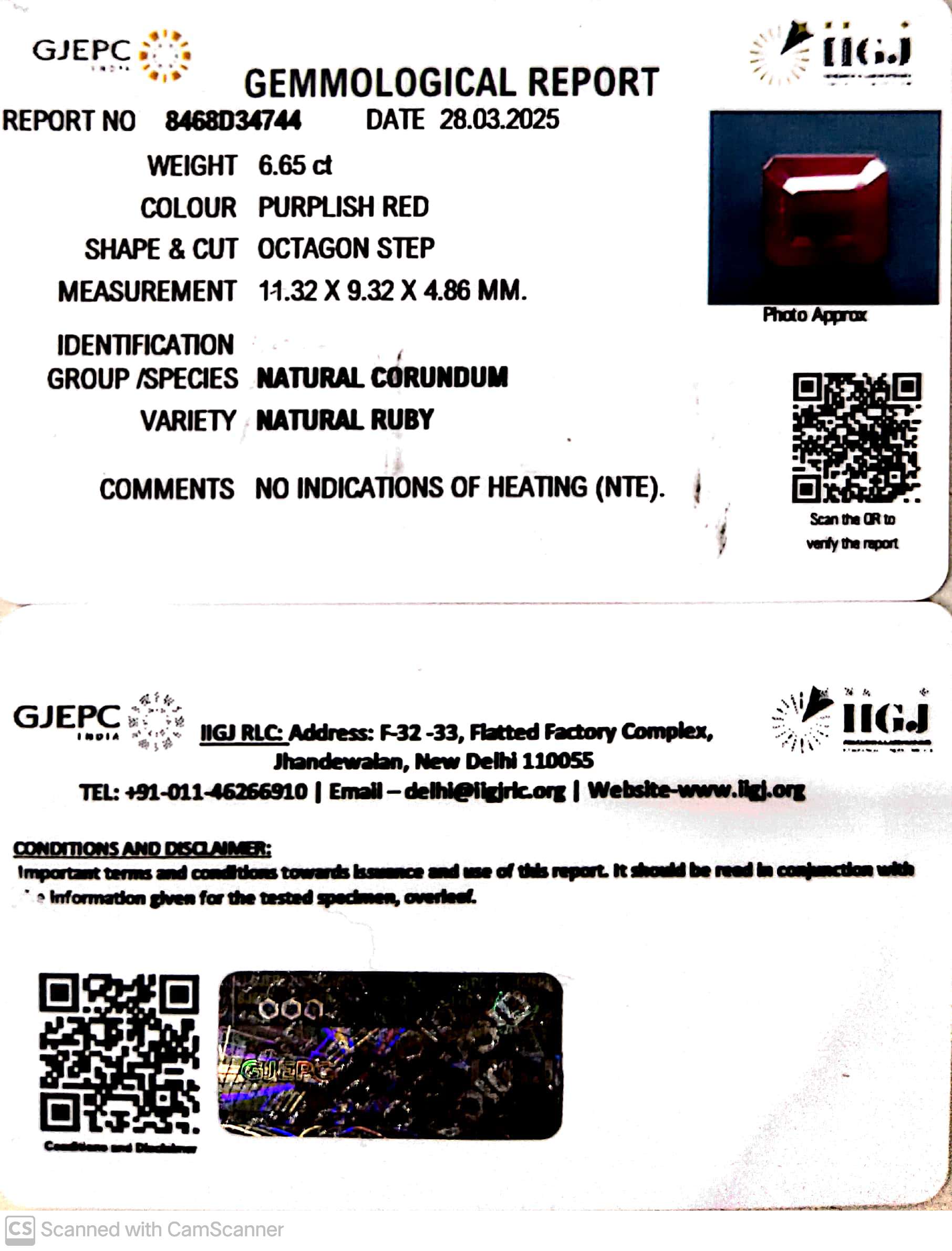 6.65/CT Natural Ruby with Govt. Lab Certificate