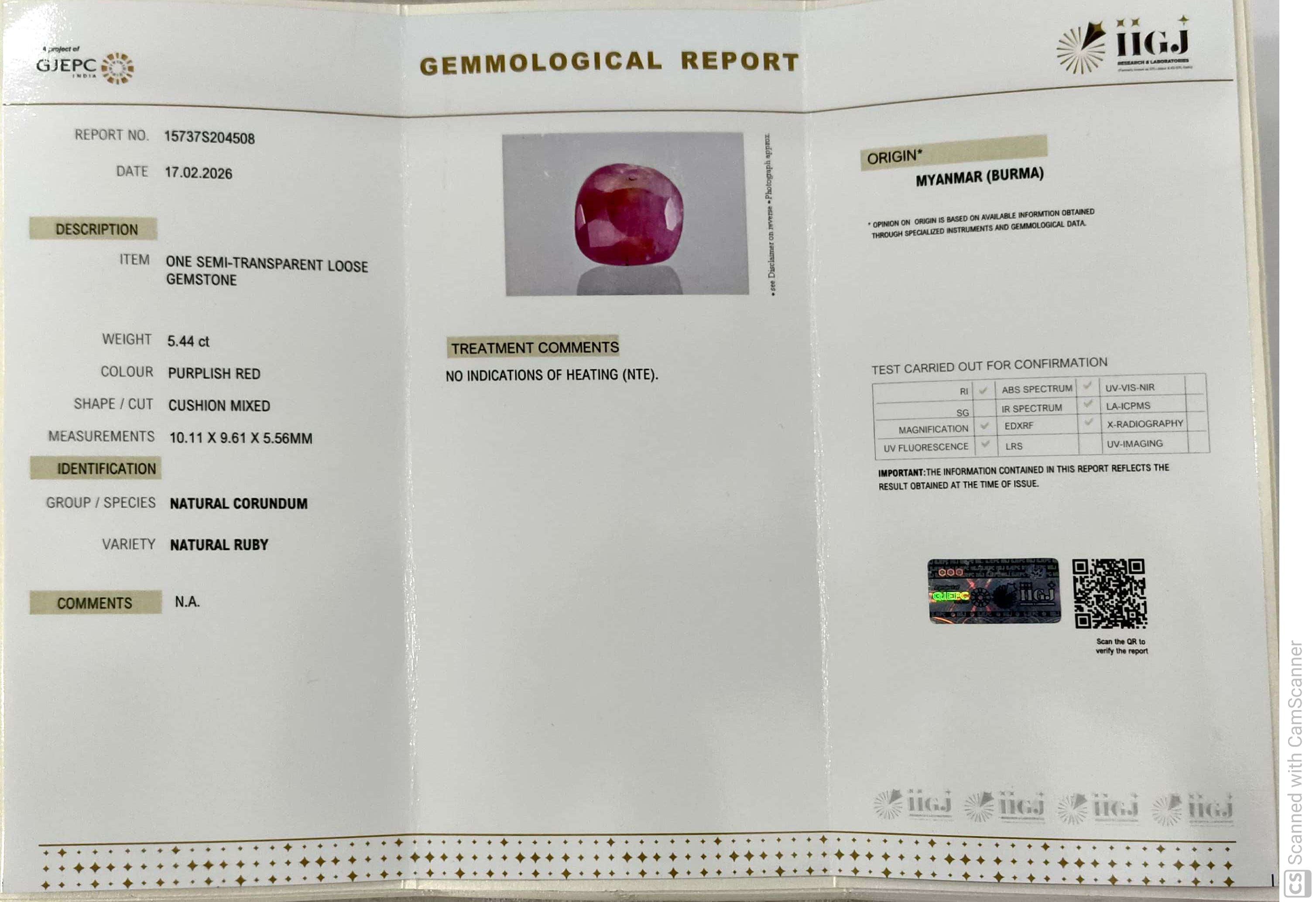 5.44/CT Natural Old Burma Ruby with IIGJ Govt. Lab Certificate-15737S204508