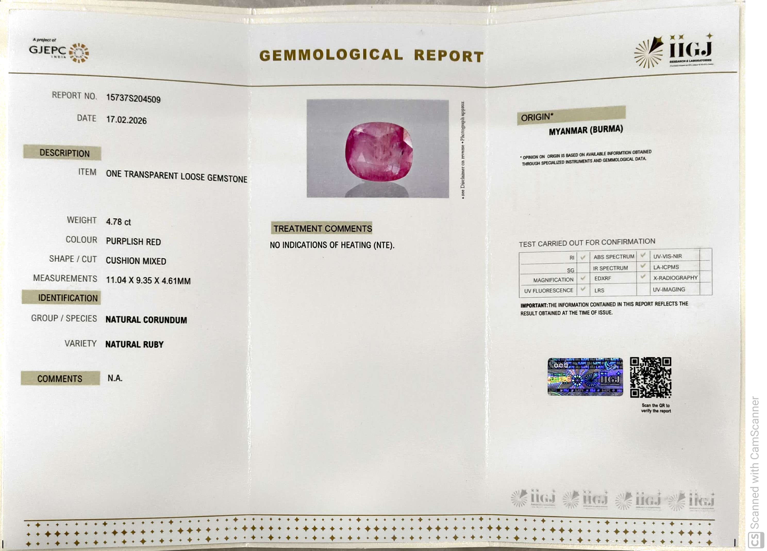 4.78/CT Natural Old Burma Ruby with IIGJ Govt. Lab Certificate-15737S204509