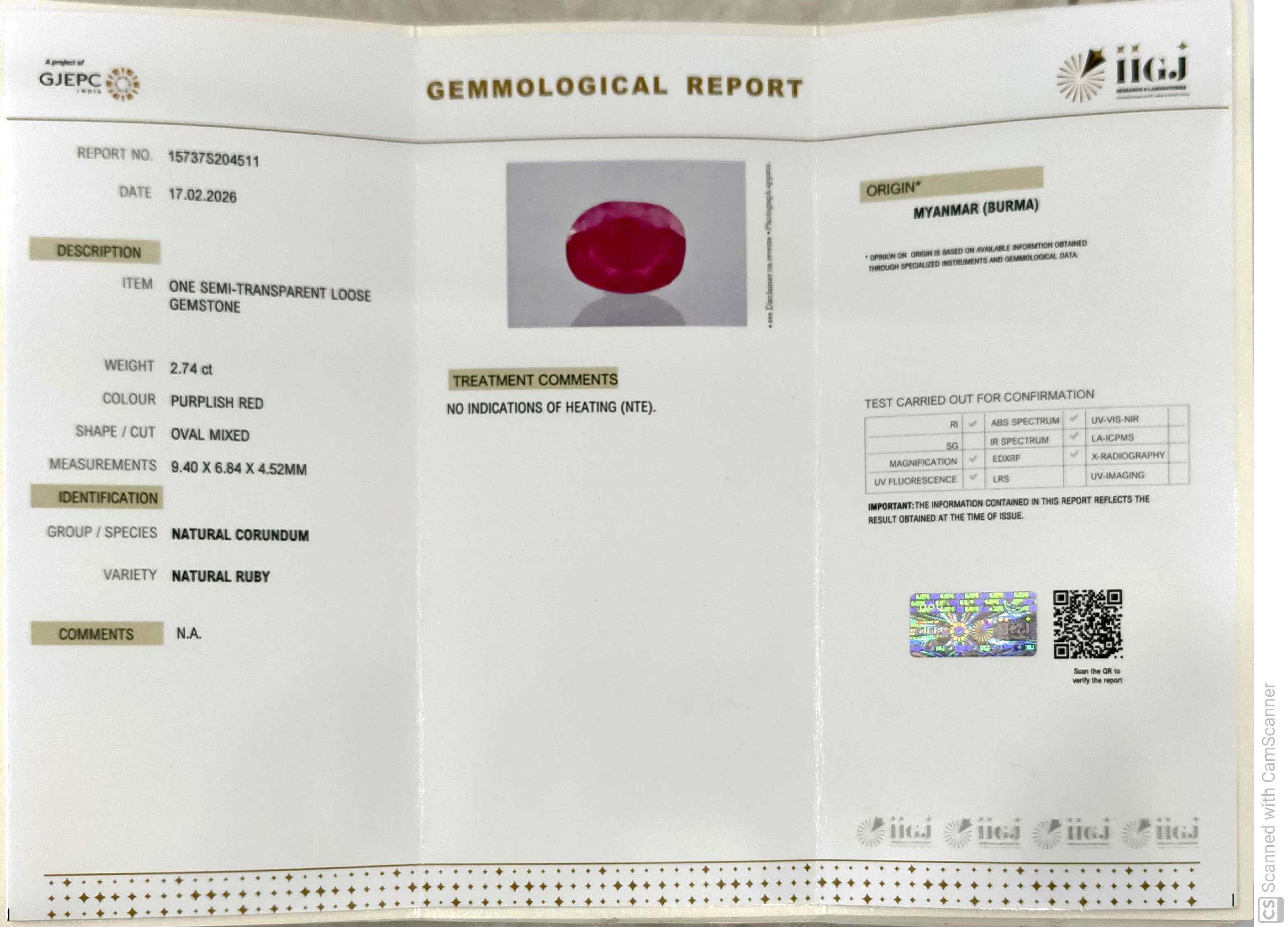 2.74/CT Natural Old Burma Ruby with IIGJ Govt. Lab Certificate-15737S204511