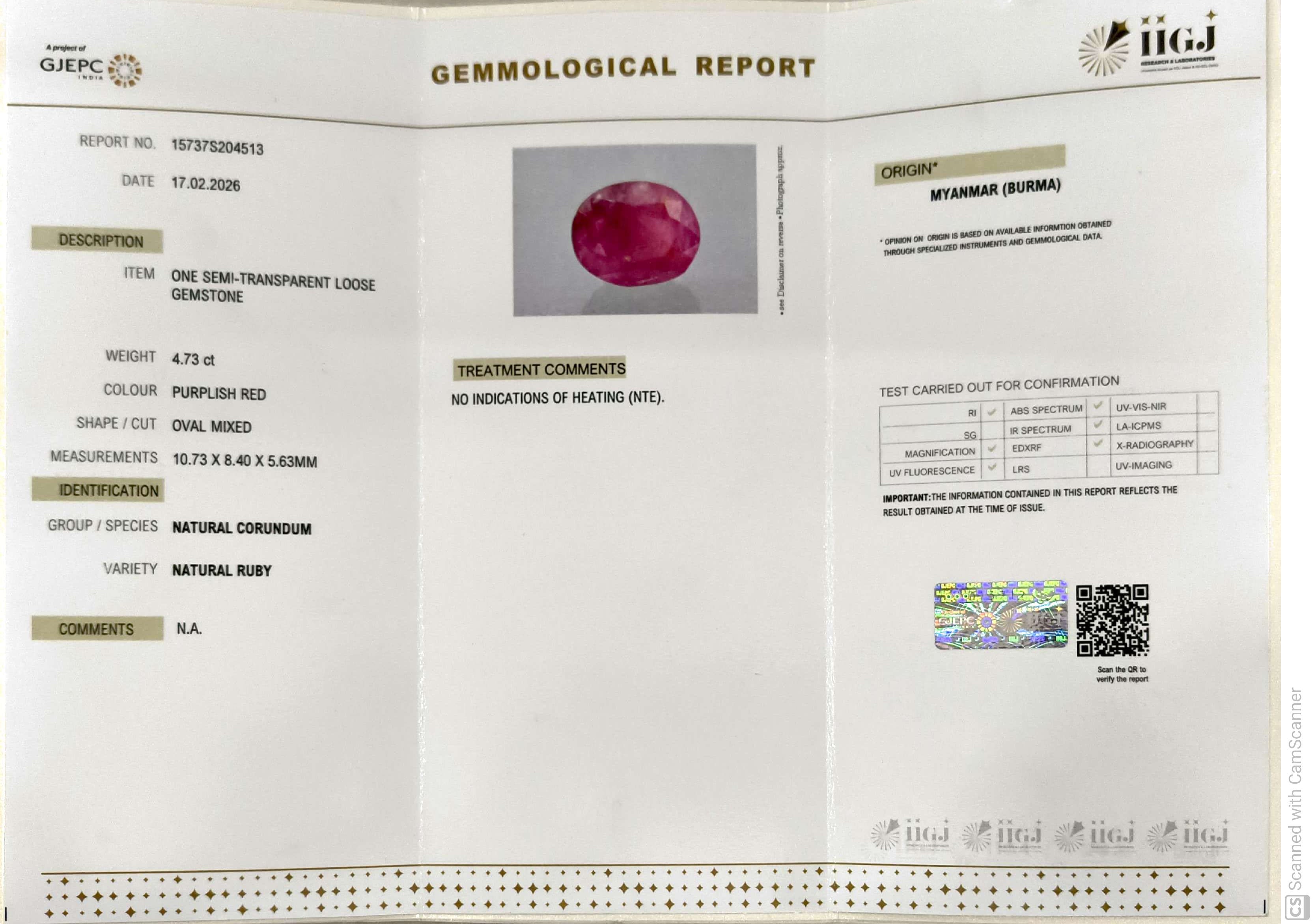 4.73/CT Natural Old Burma Ruby with IIGJ Govt. Lab Certificate-15737S204513