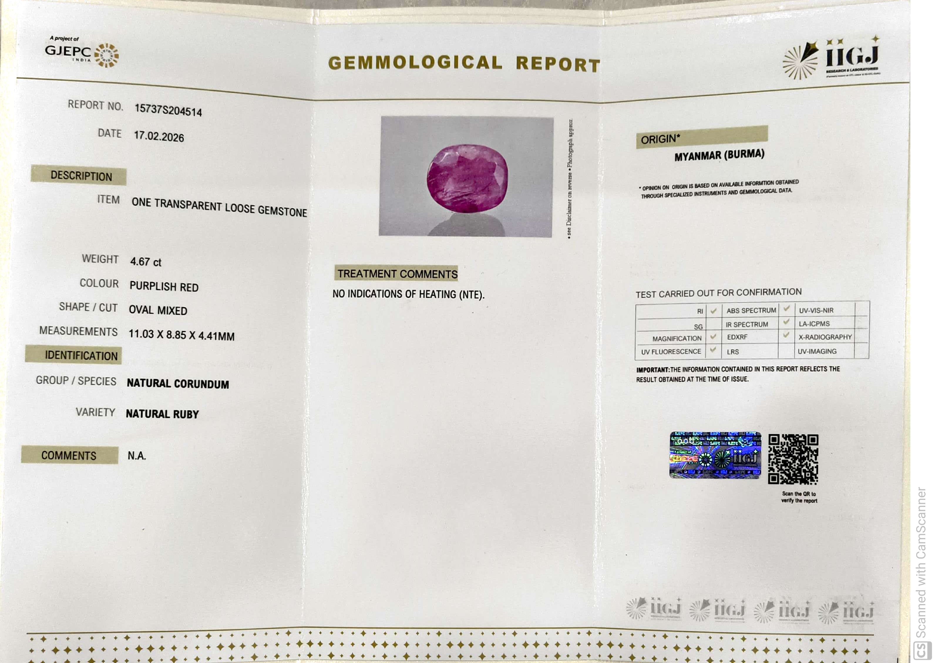 4.67/CT Natural Old Burma Ruby with IIGJ Govt. Lab Certificate-15737S204514