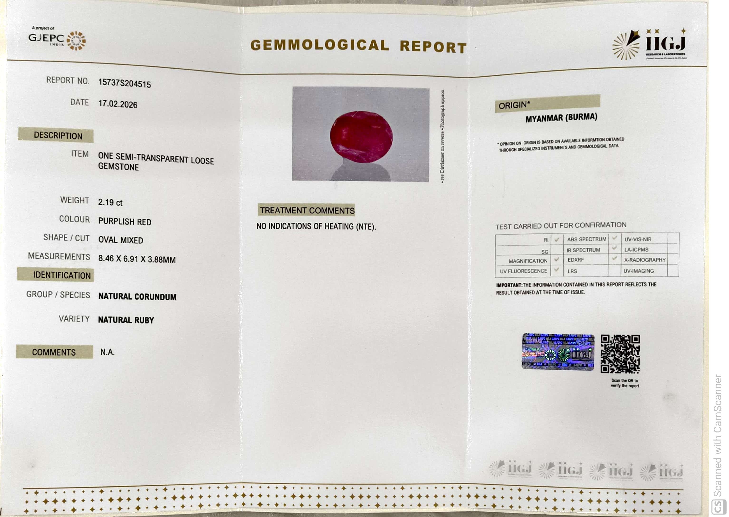 2.19/CT Natural Old Burma Ruby with IIGJ Govt. Lab Certificate-15737S204515