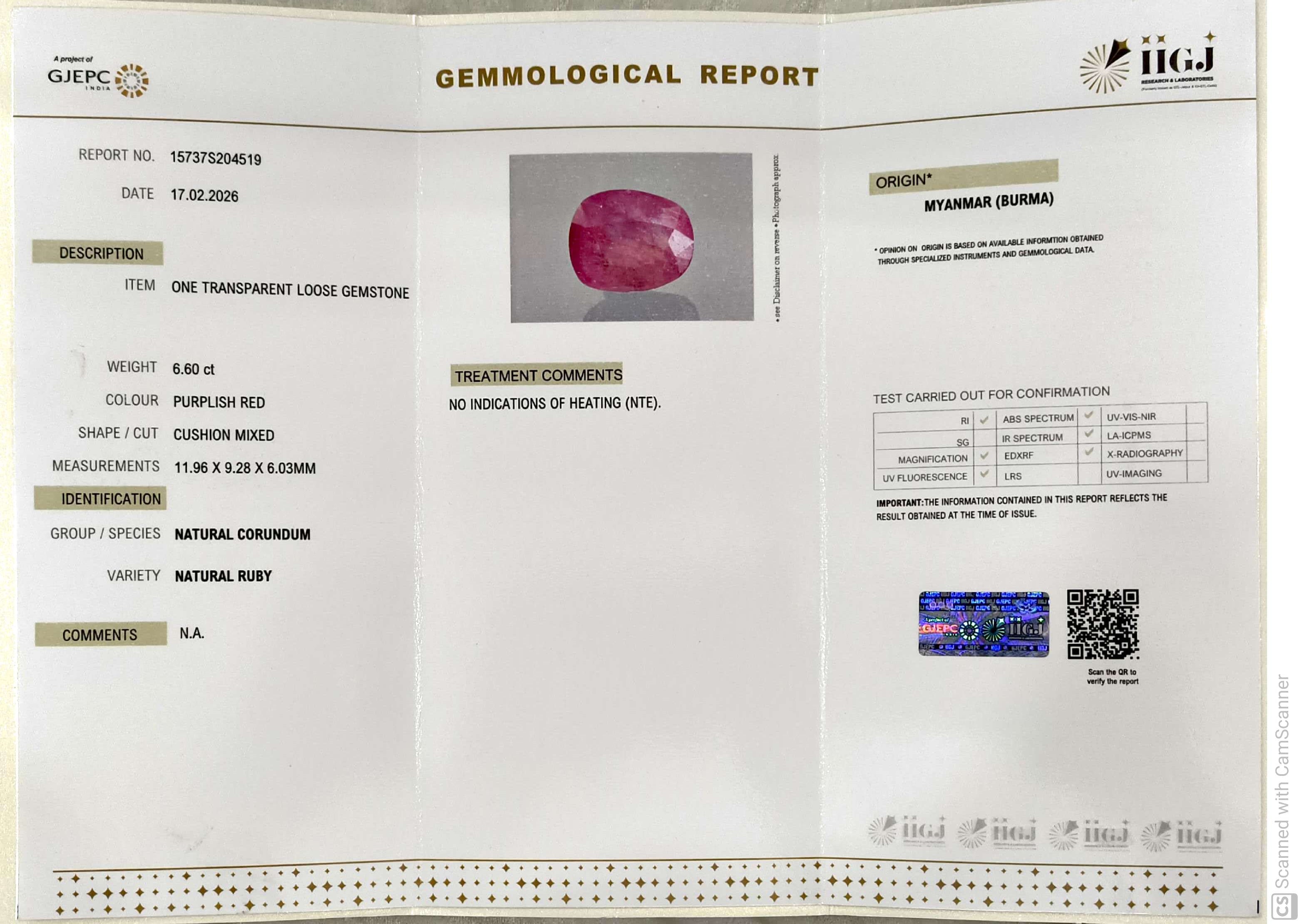 6.60/CT Natural Old Burma Ruby with IIGJ Govt. Lab Certificate-15737S204519