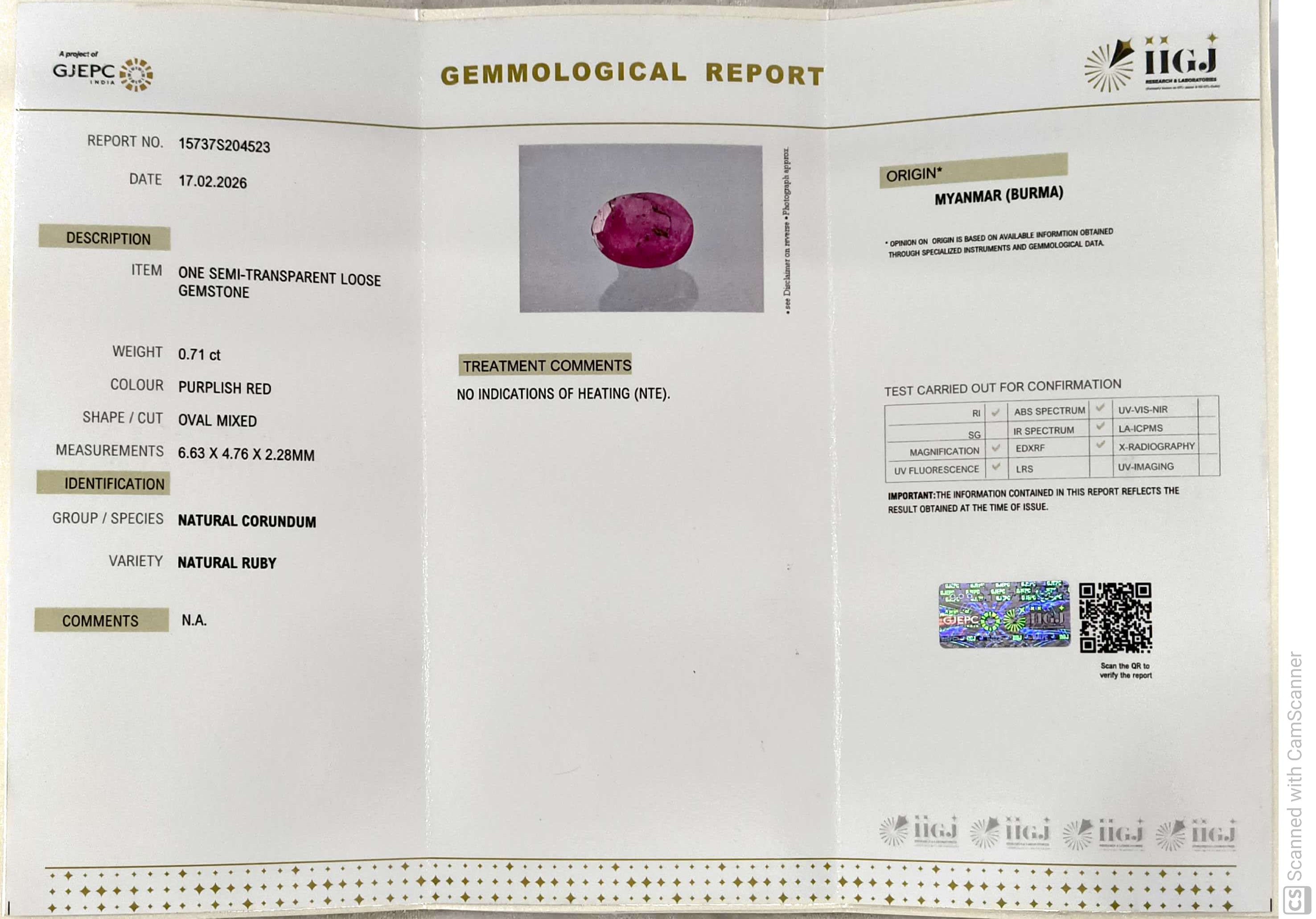 0.71/CT Natural Old Burma Ruby with IIGJ Govt. Lab Certificate-15737S204523