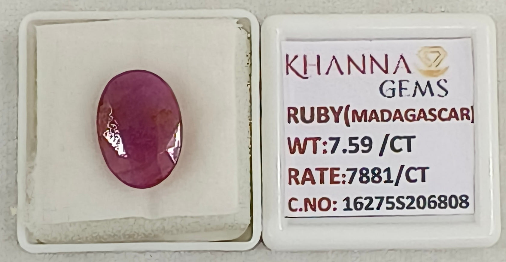 7.59/CT Natural Ruby Stone with Govt. Lab Certificate-16275S206808
