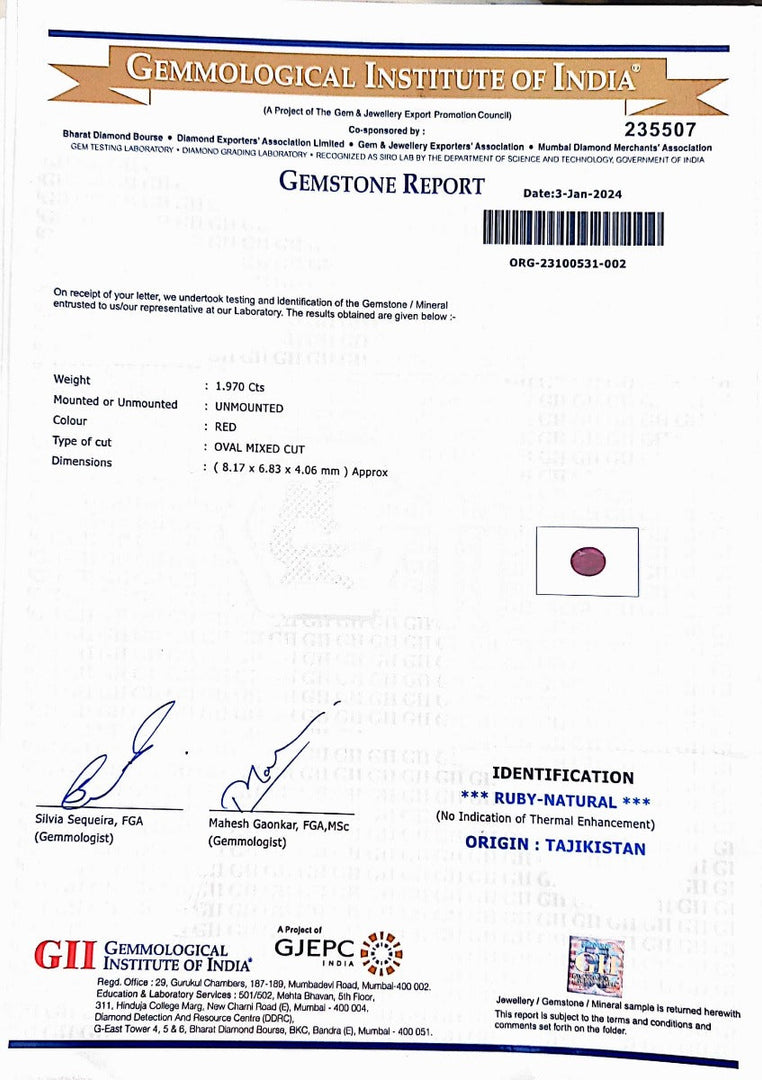 1.970/CT Natural Tajikistan Ruby with IIG Govt. Lab Certificate (165000)