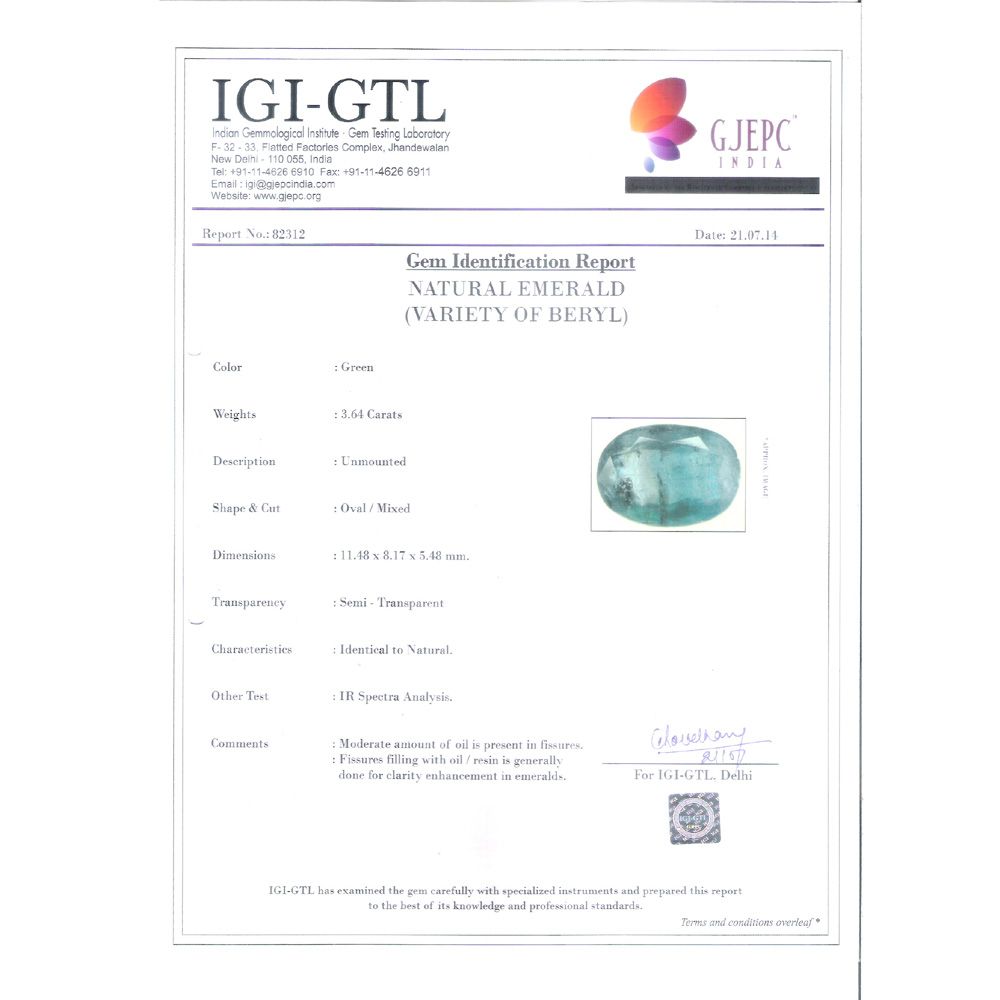 3.64/CT Natural Emerald Stone with Govt. Lab Certificate (12210)