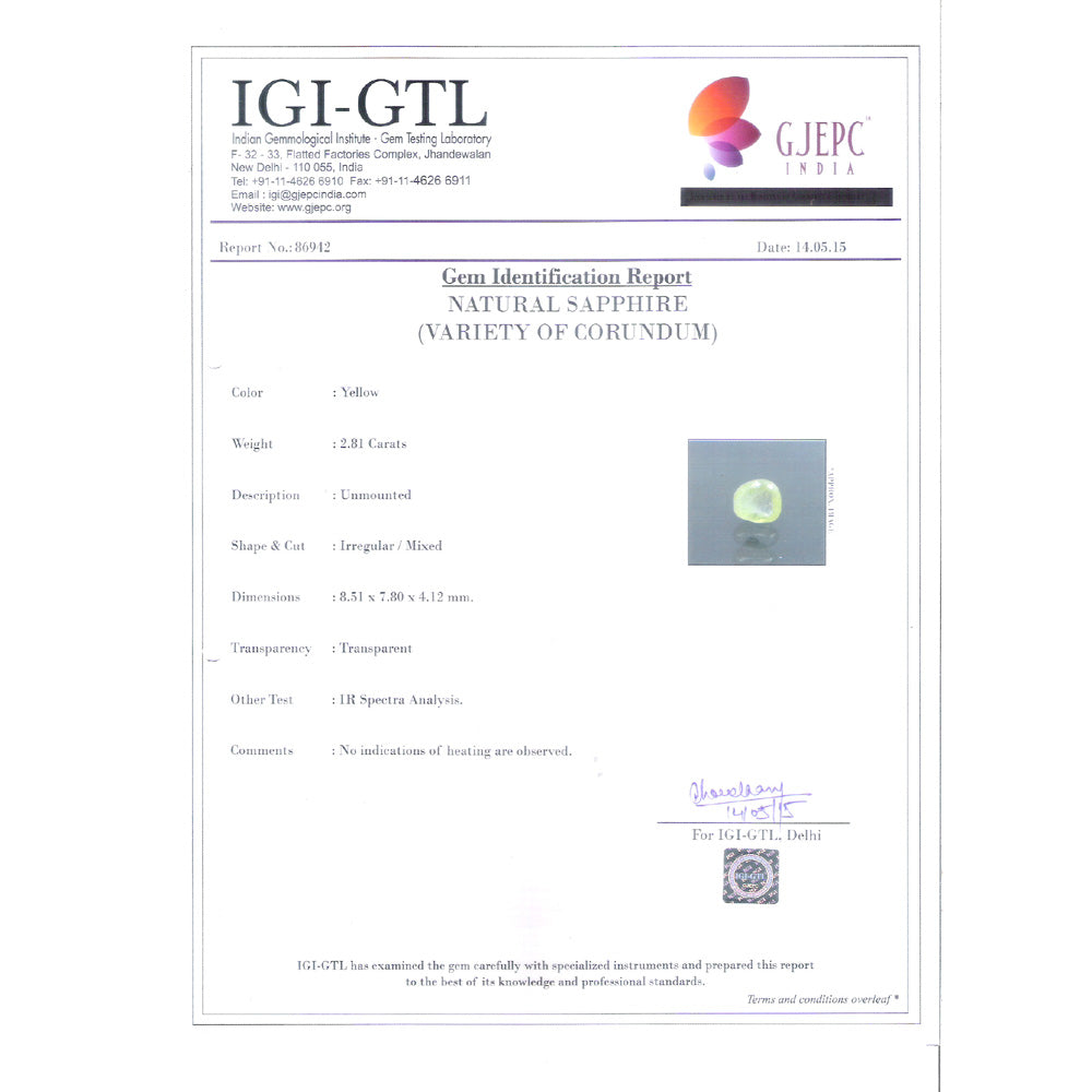 3.12 Ratti Natural yellow sapphire with Govt Lab Certificate-(6100)