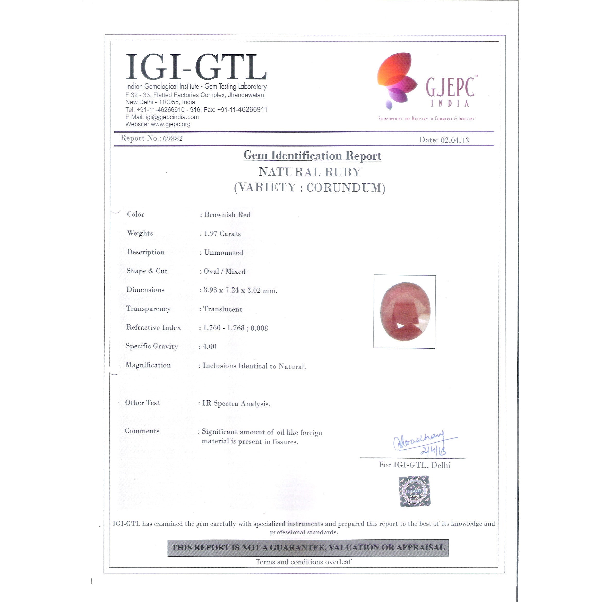 1.97/CT Natural Ruby Gemstone