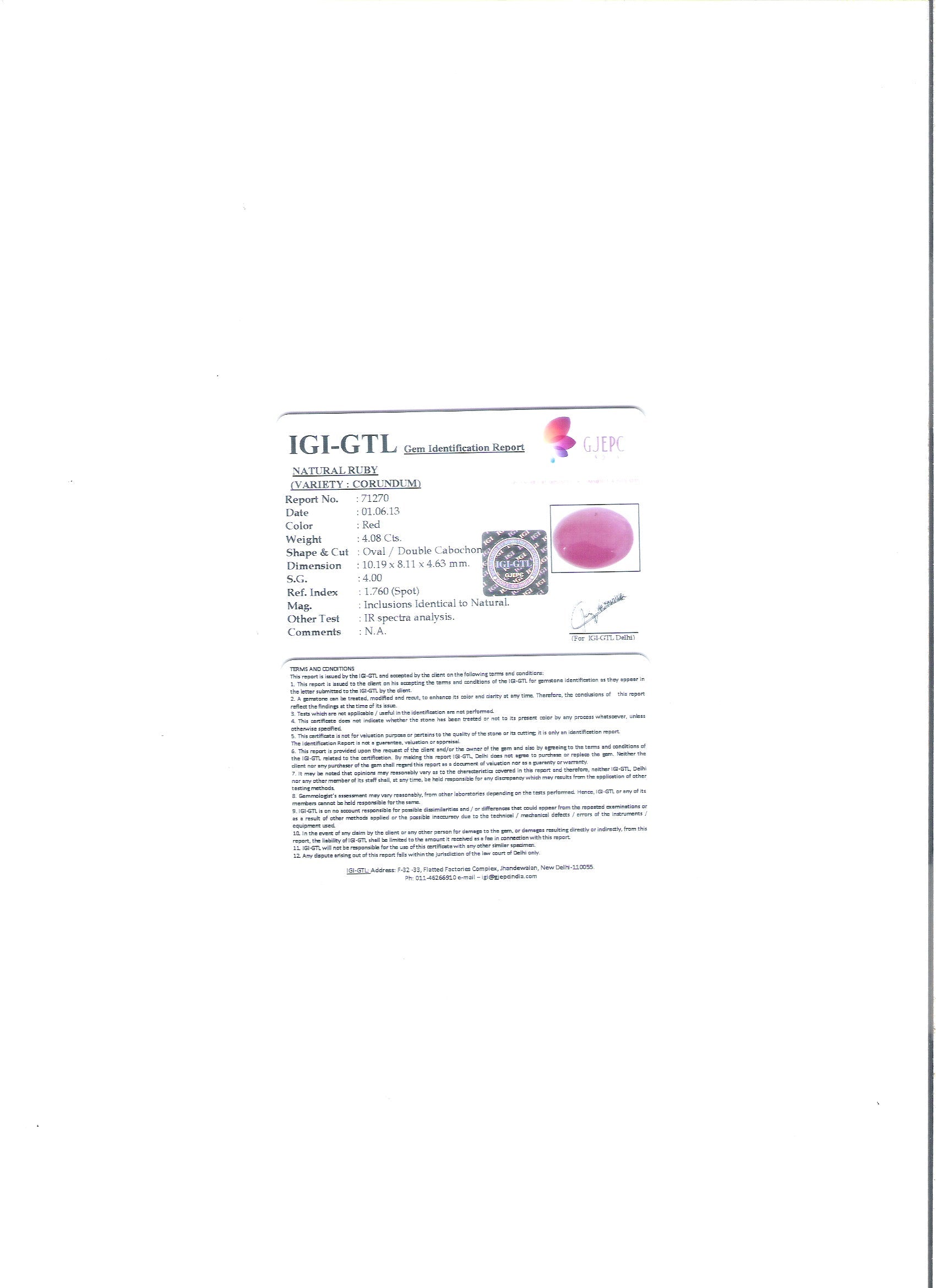 4.53 Ratti Natural New Burma Ruby with Govt. Lab Certificate-(23310)