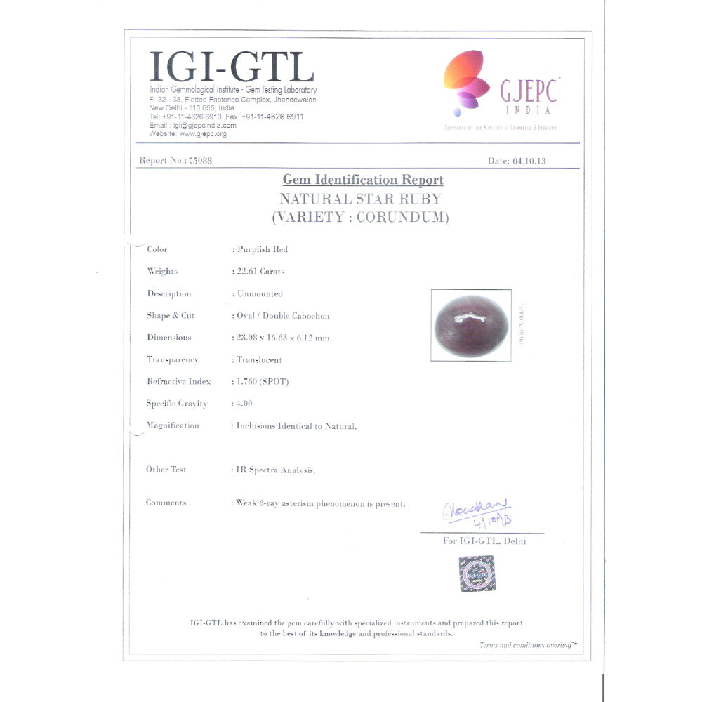 22.61/CT Natural Star Ruby with Govt. Lab Certificate (610