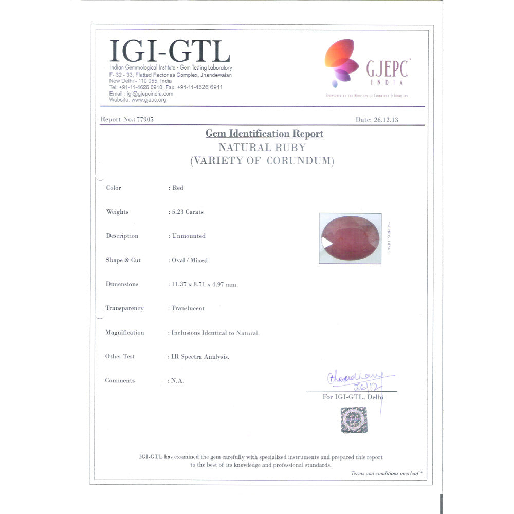 5.81 Ratti Natural Mozambique Ruby with Govt. Lab Certificate-(7100)