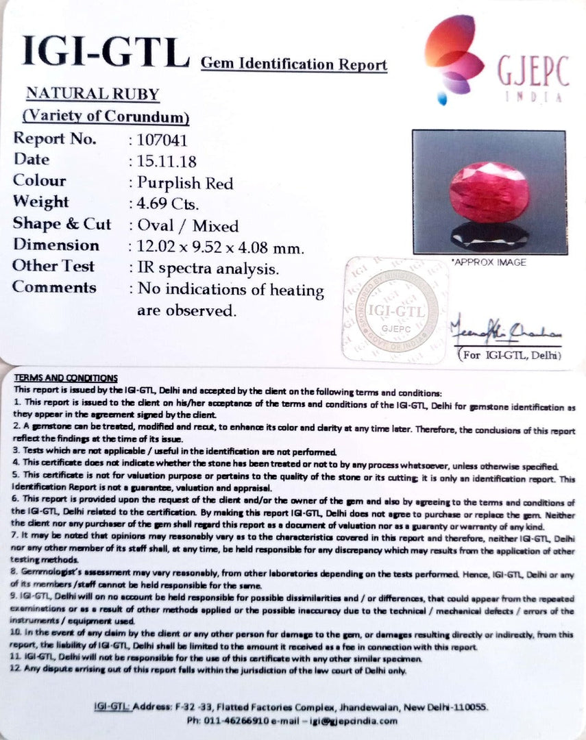 4.69/CT Natural Mozambique Ruby with Govt. Lab Certificate-RUBY9V