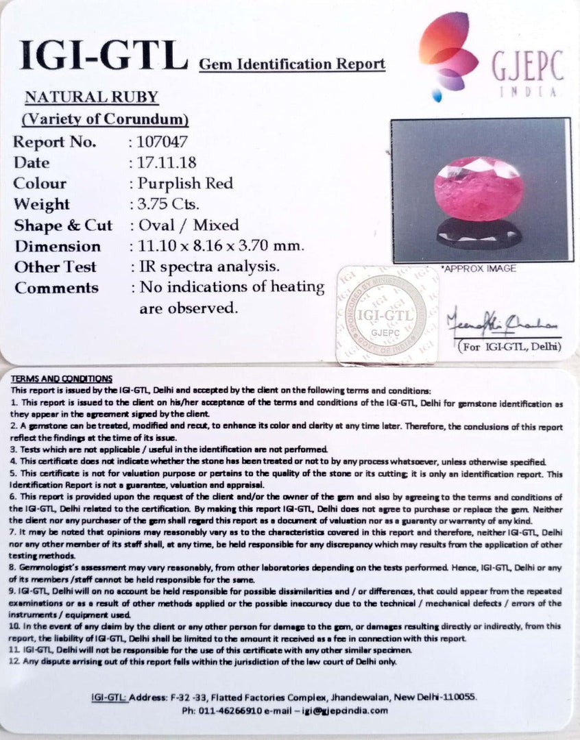 3.75/CT Natural Mozambique Ruby with Govt. Lab Certificate-RUBY9X