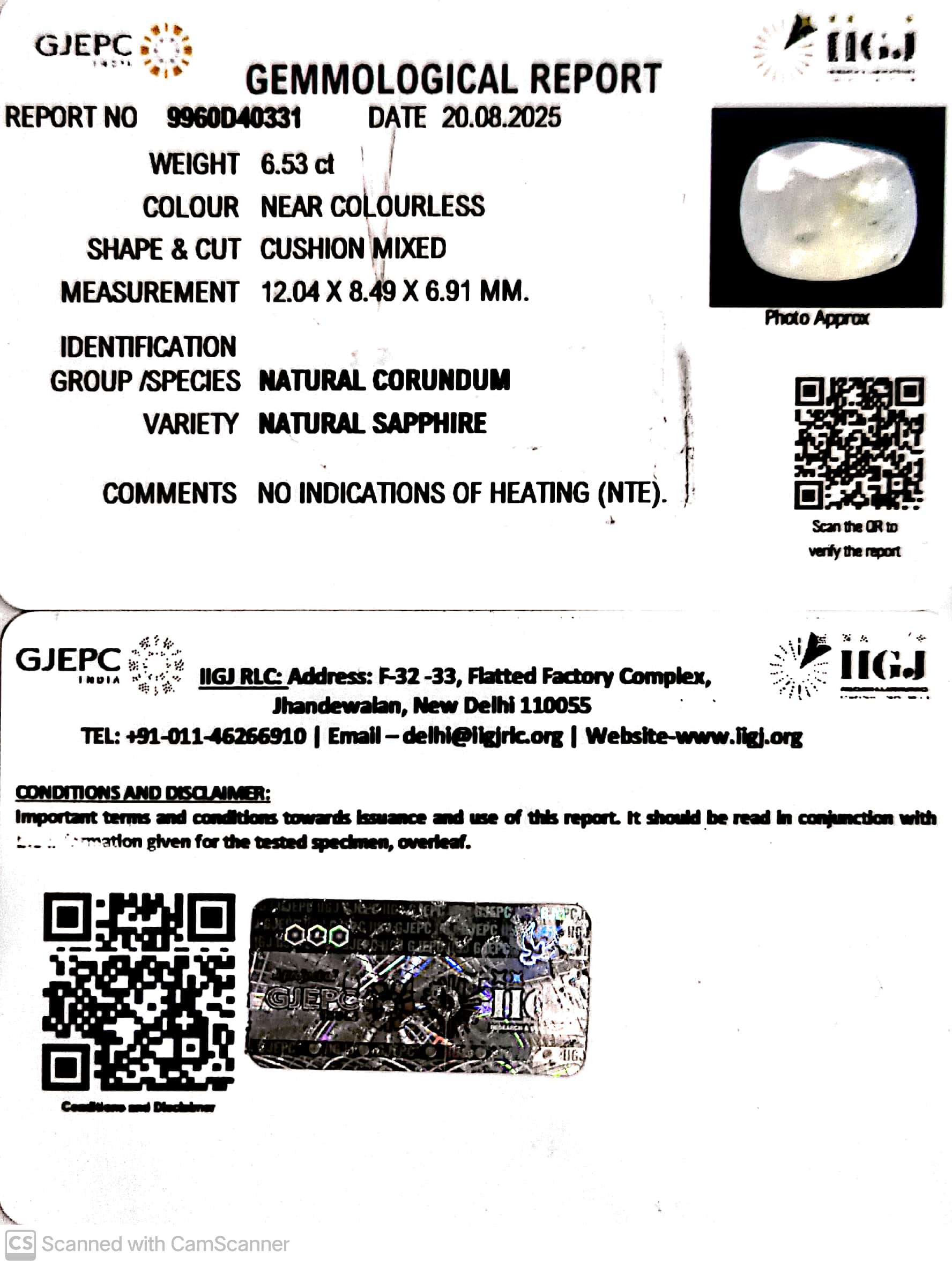 6.53/CT Natural White Sapphire with Govt Lab Certificate (6771)