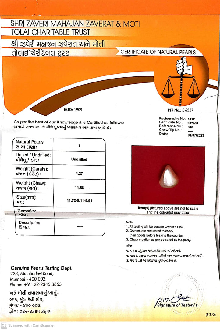 4.27/CT Natural Basra Pearl with Govt. Lab Certificate (44000)