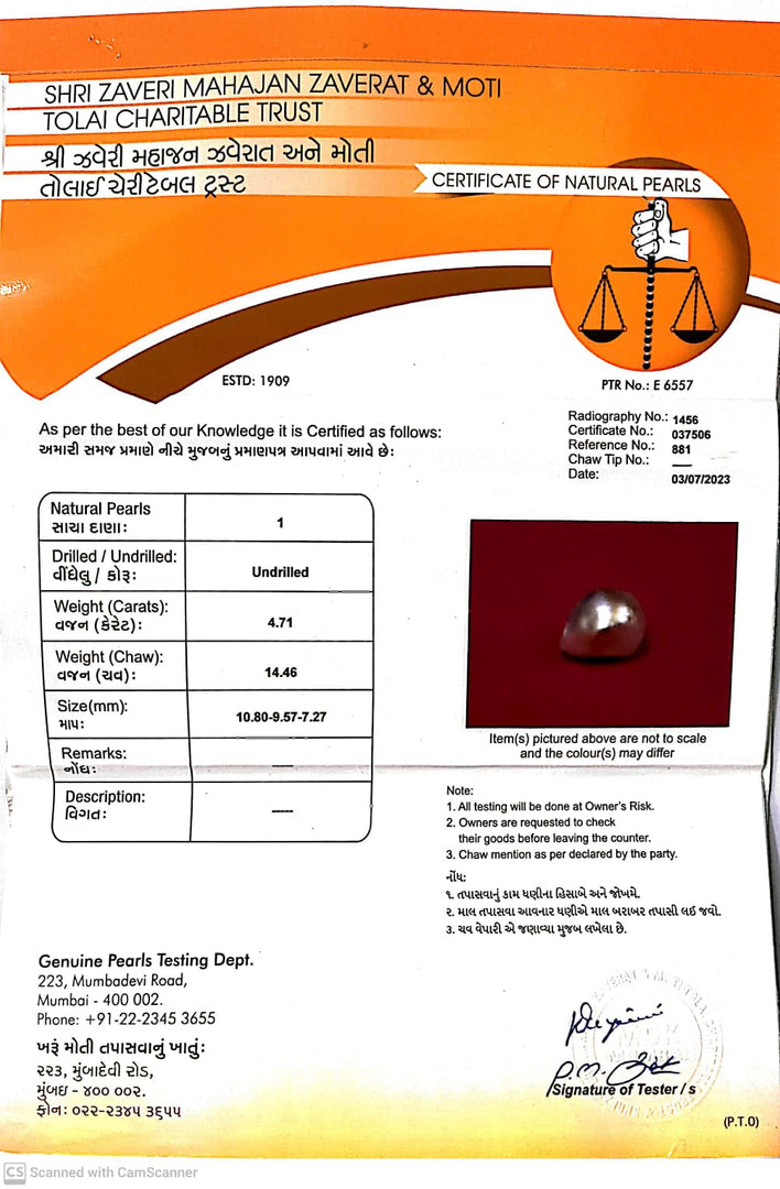 4.71/CT Natural Basra Pearl with Govt. Lab Certificate (44000)