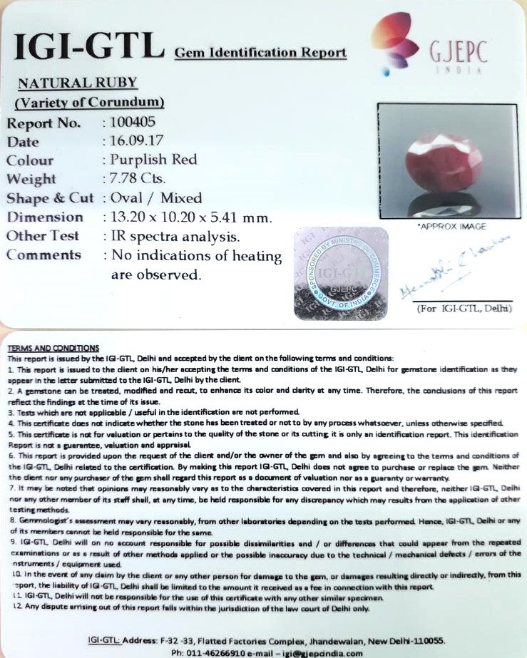 7.78/CT Natural Ruby with Govt. Lab Certificate-100405