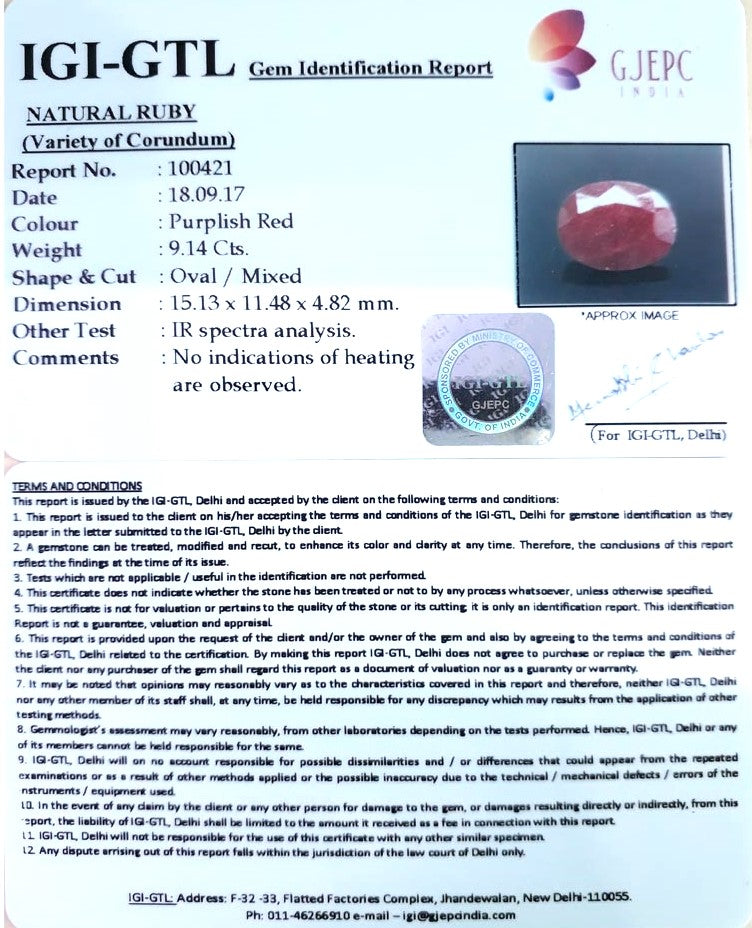 9.14/CT Natural ruby with Govt. Lab Certificate-100421