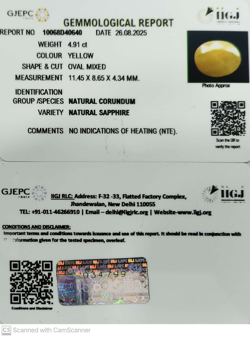 4.91/CT Natural Yellow Sapphire With Govt Lab Certificate (2331)