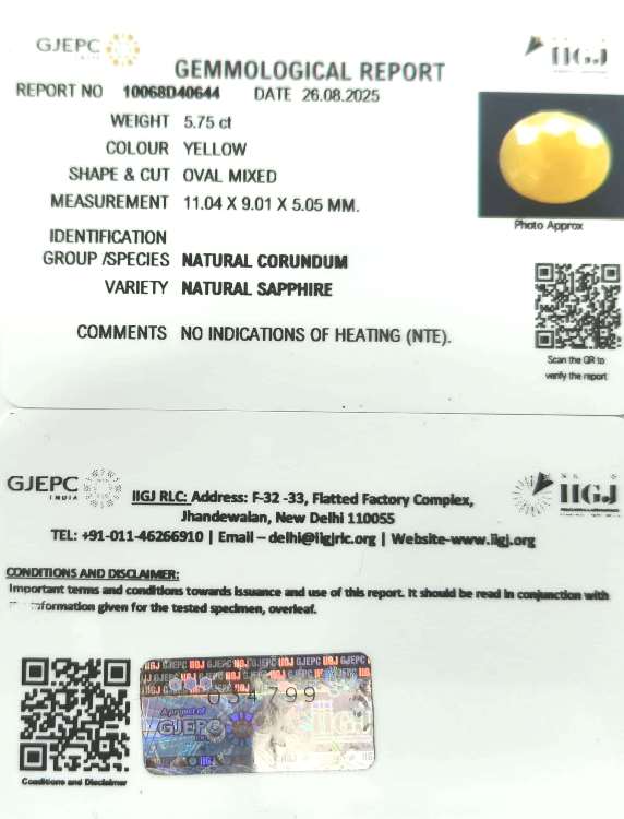 5.75/CT Natural Yellow Sapphire With Govt Lab Certificate (2331)