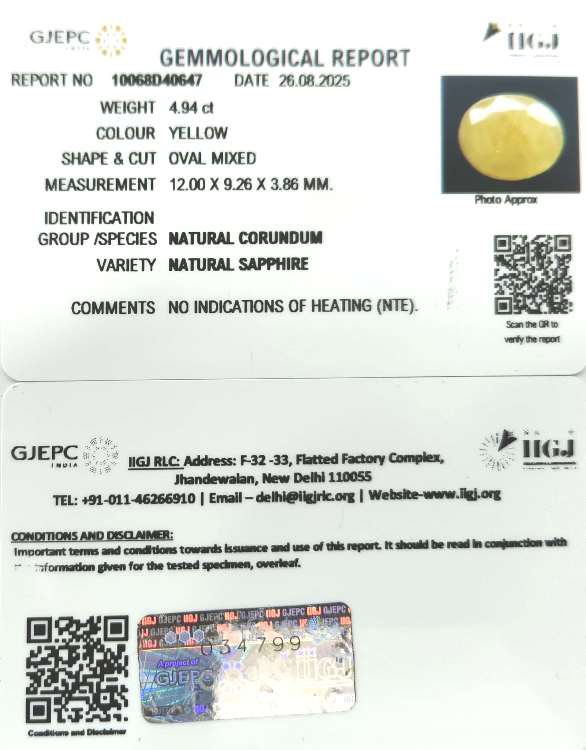 4.94/CT Natural Yellow Sapphire With Govt Lab Certificate (2331)