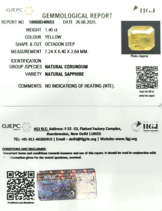 1.40/CT Natural Yellow Sapphire With Govt Lab Certificate (6771)