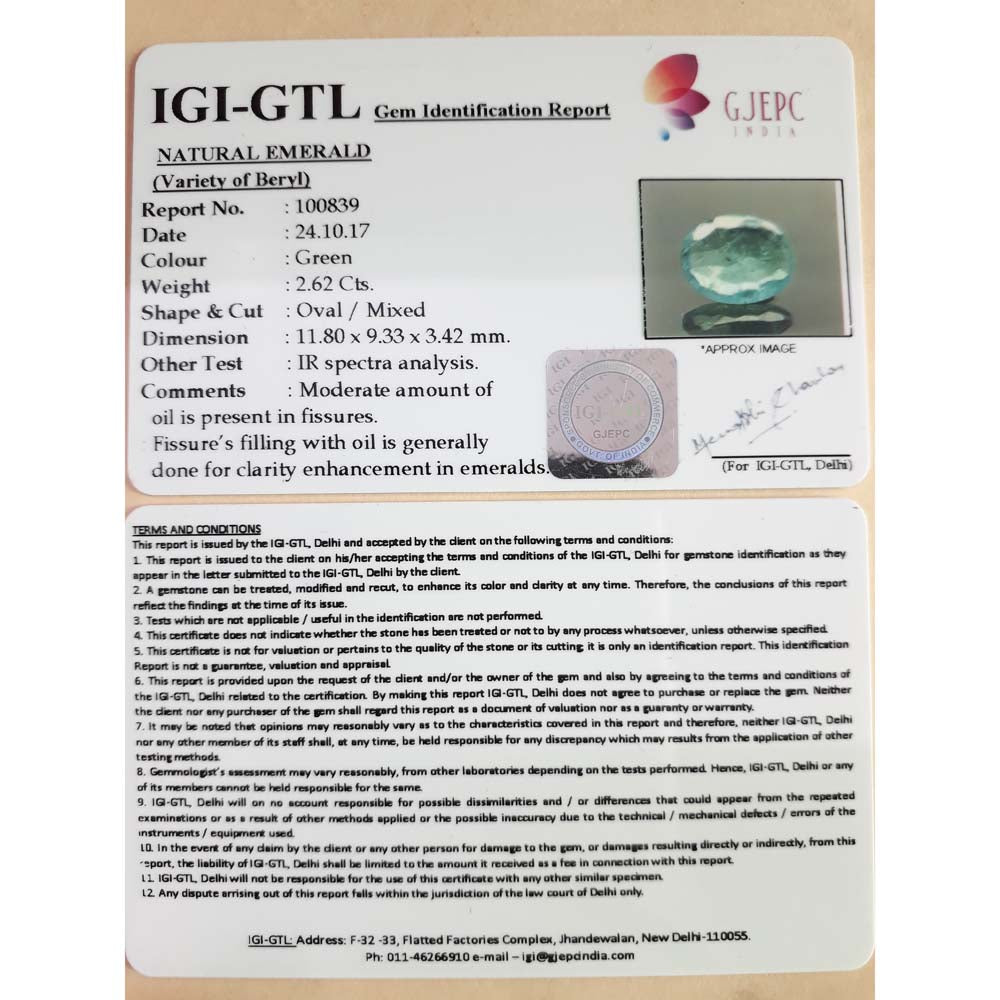 3.03/CT Natural Emerald Stone with Govt Lab Certificate (12210)